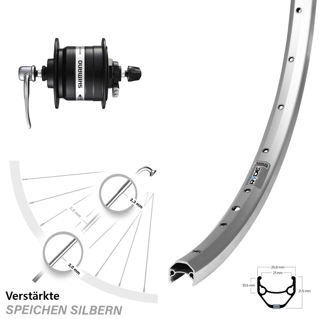 Vorderrad mit Nabendynamo 28 Zoll Ryde ZAC 421 Shimano DH-3N31-QR für Schnellspanner