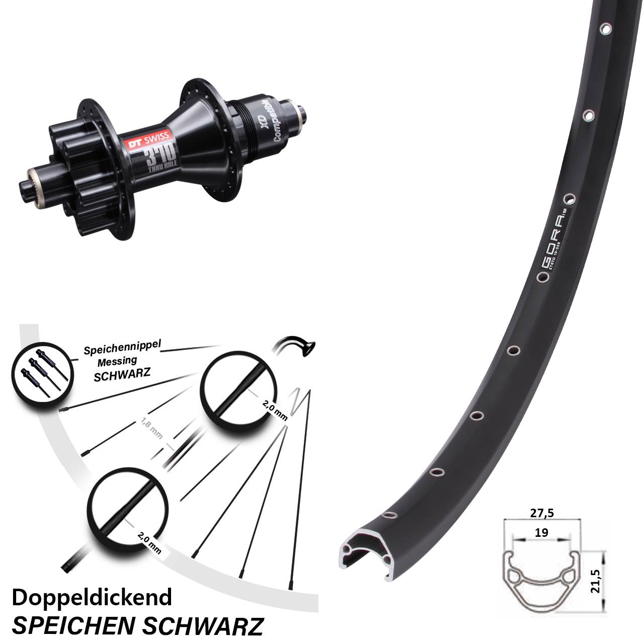 6-Loch Hinterrad 26 Zoll Gora 19 DT Swiss 370 XD 11-12 fach für Schnellspanner
