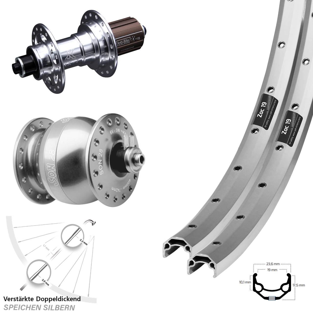 Laufrad-Satz für Schnellspanner 26 Zoll Ryde Zac 19 KX-T SON 28 8-12 fach
