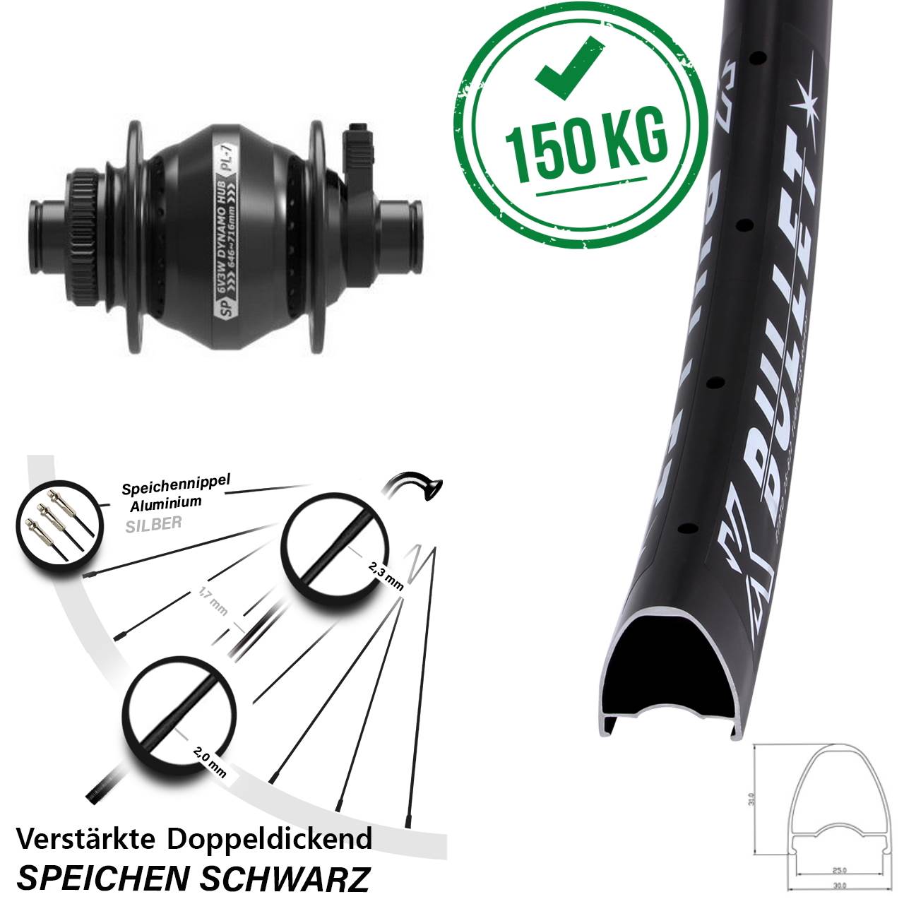 Nabendynamo-Vorderrad Centerlock 28-29 Zoll KX Bullet Shutter PL-7 12x100