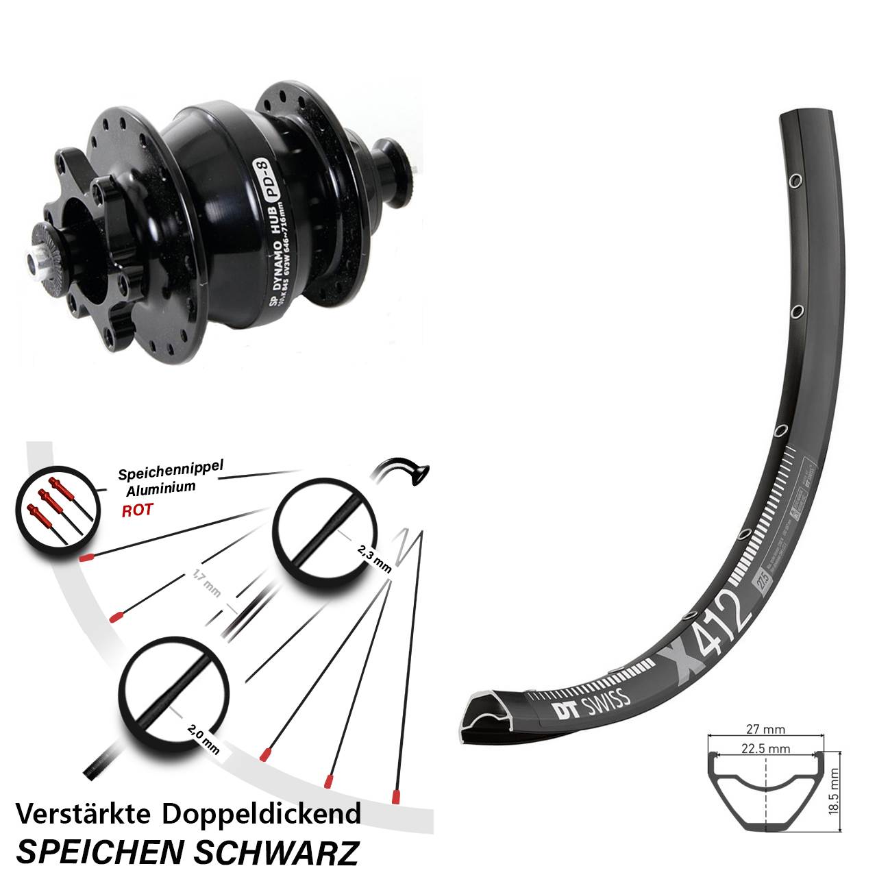 DT Swiss X412 Shutter PD-8 Disc 29 Zoll Vorderrad mit Nabendynamo für Schnellspanner