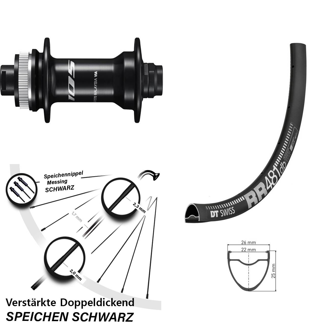 verstärktes 28 Zoll Vorderrad DT Swiss RR 481 DB mit Shimano 105 Nabe Centerlock