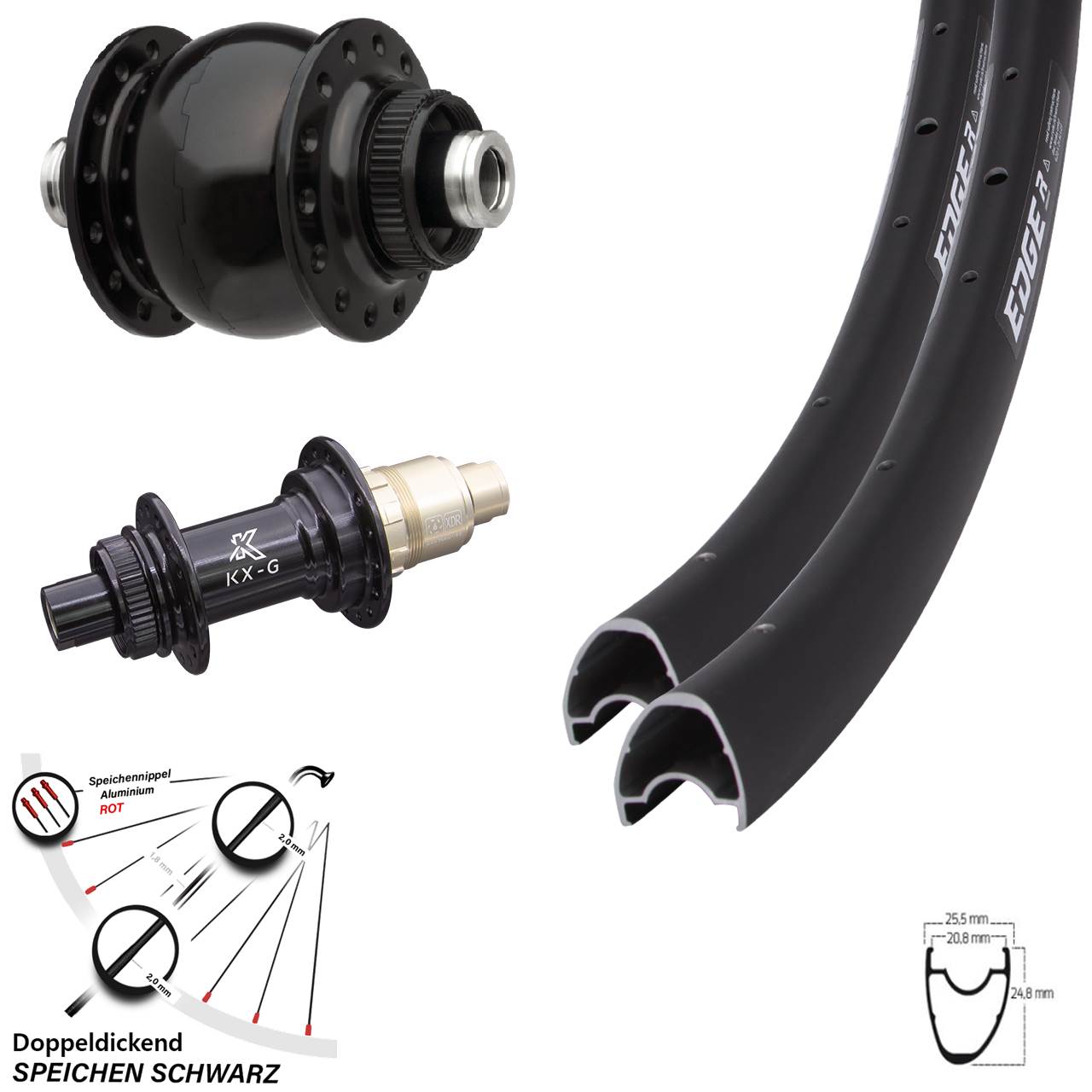Laufradsatz Ryde Edge R 25 OS Steckachse KX-G Sram XD-R 12-fach Dynamo SON 28 Zoll
