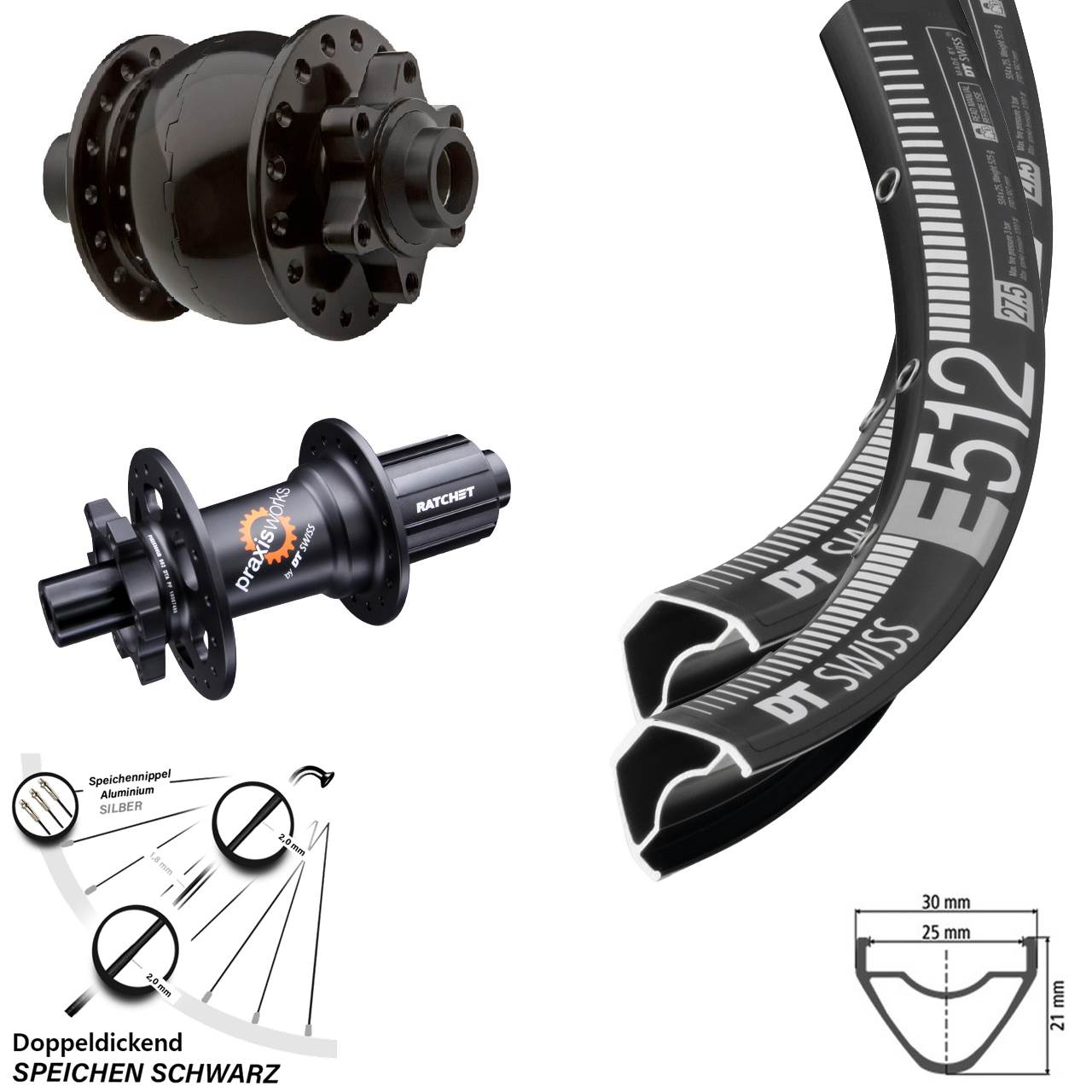 Laufradsatz 29 Zoll DT Swiss E 512 Steckachse 100/142 mm 350 SL 6-loch SON 28-15 Dynamo