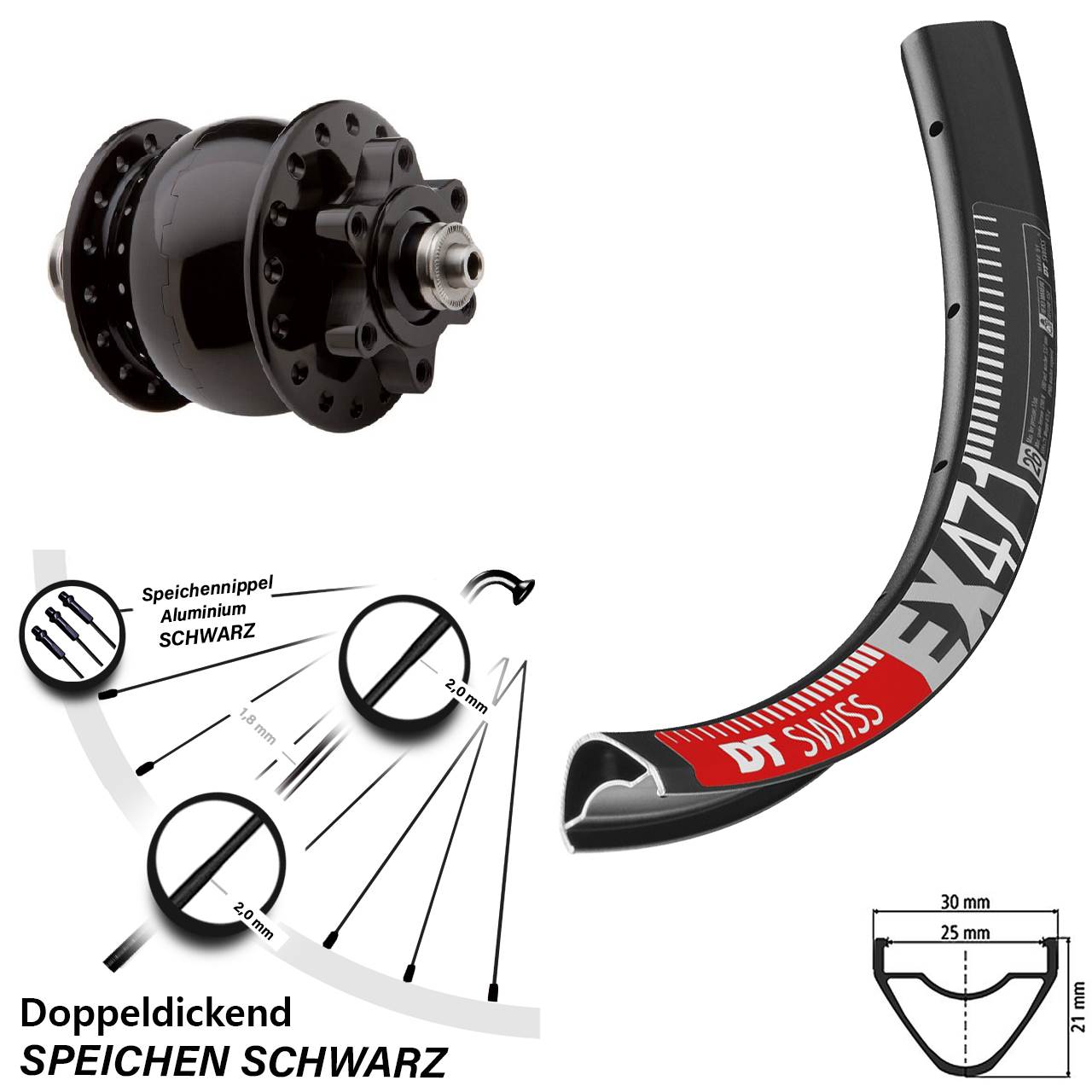 Nabendynamovorderrad 6-Loch 650B DT Swiss EX471 SON 28 für Schnellspanner