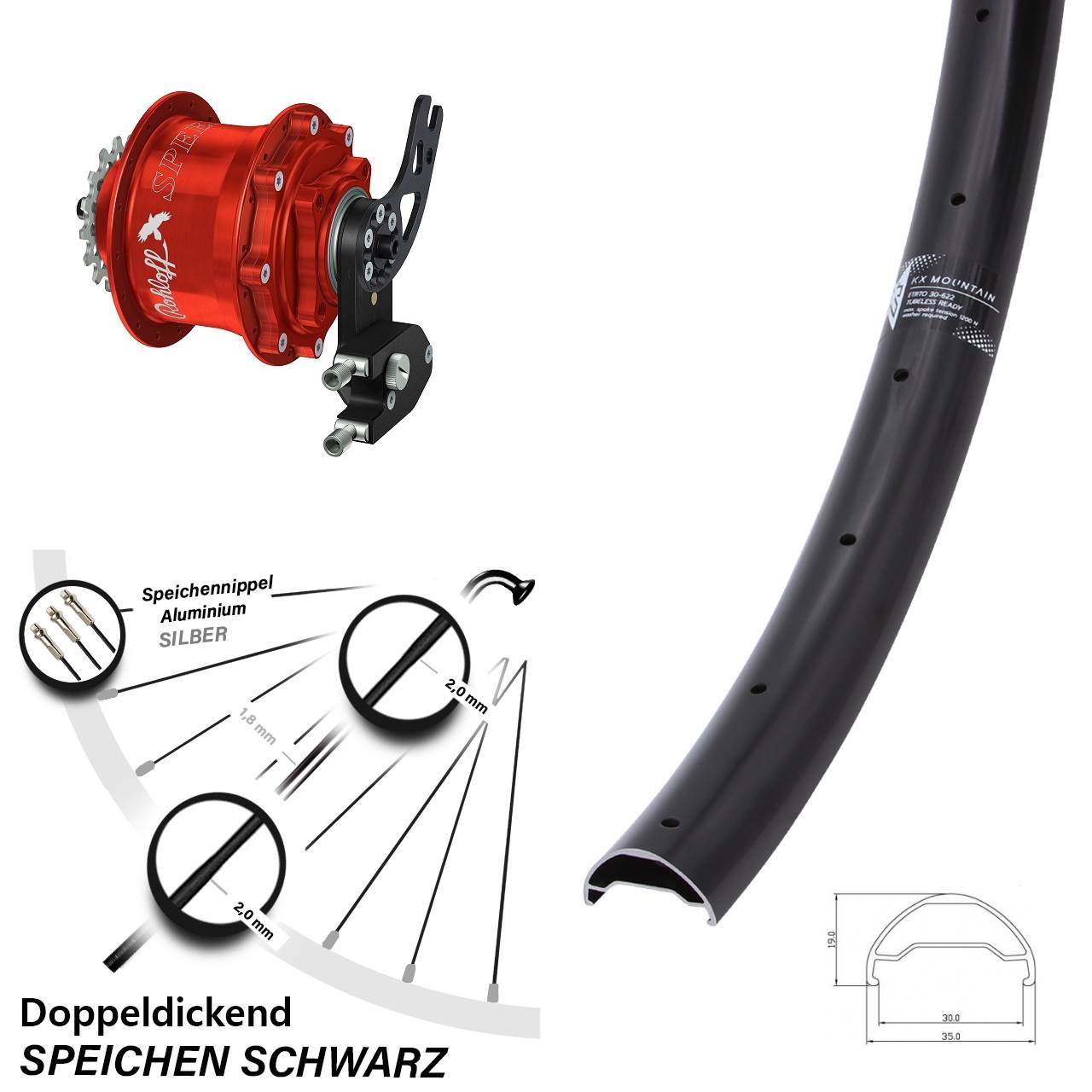 Disc Hinterrrad 29 Zoll KX Mountain TR Rohloff Speedhub 500/14 CC DB PM rot
