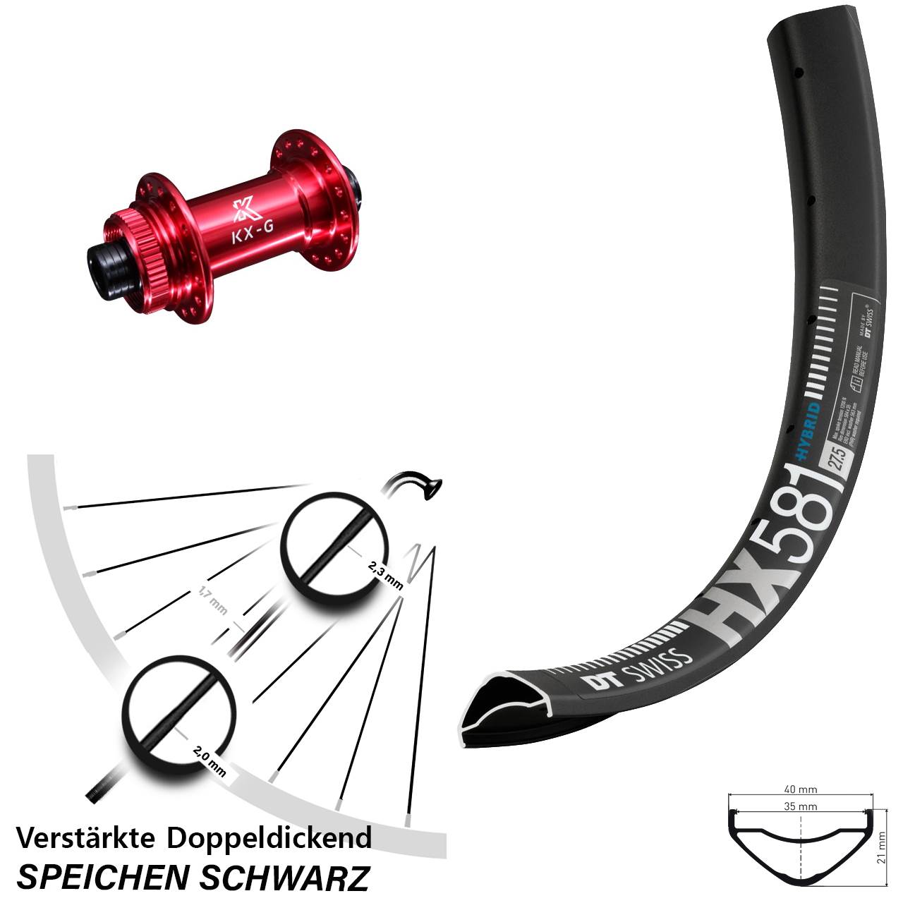 27,5 Zoll DT Swiss HX581 KX-G rot Centerlock Vorderrad 12x100