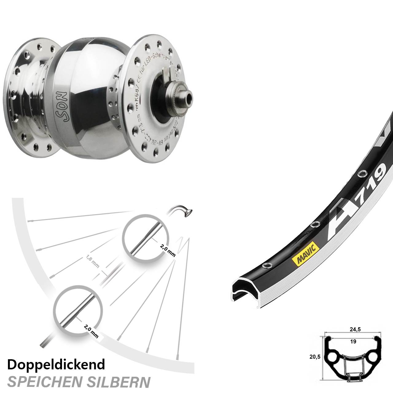 Vorderrad mit Nabendynamo Son delux Wide Body Mavic A 719 28 Zoll