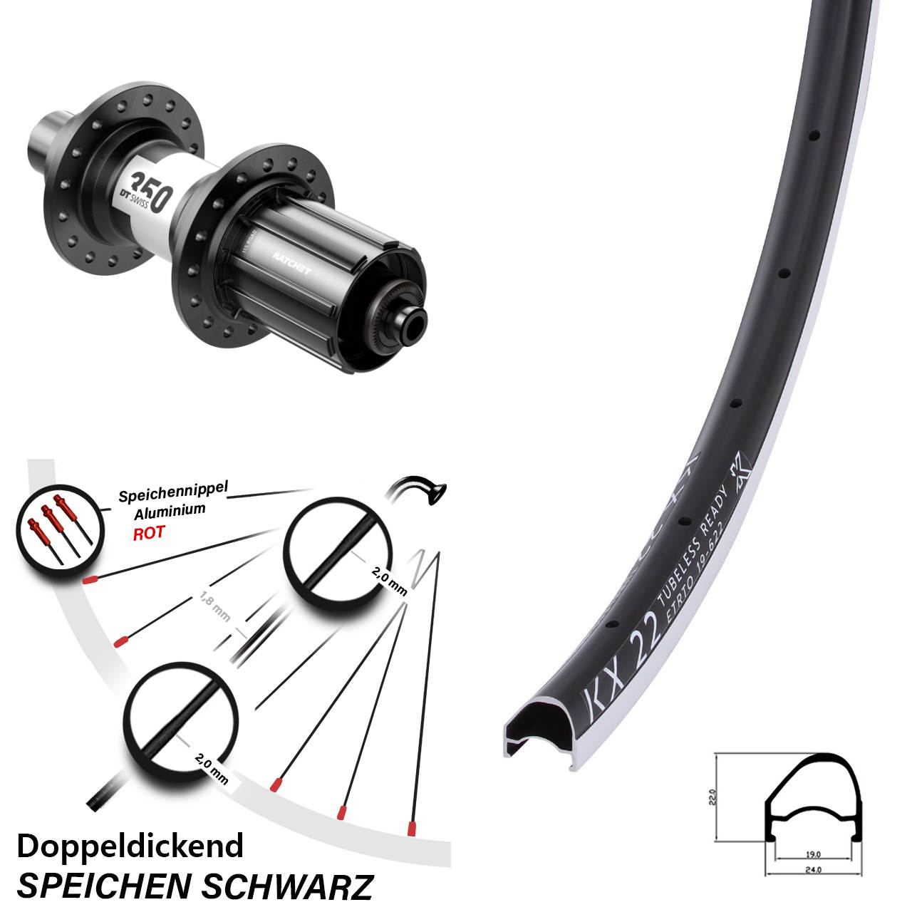 Hinterrad für Schnellspanner 28 Zoll KX 22 OS DT Swiss 350 11-12 fach