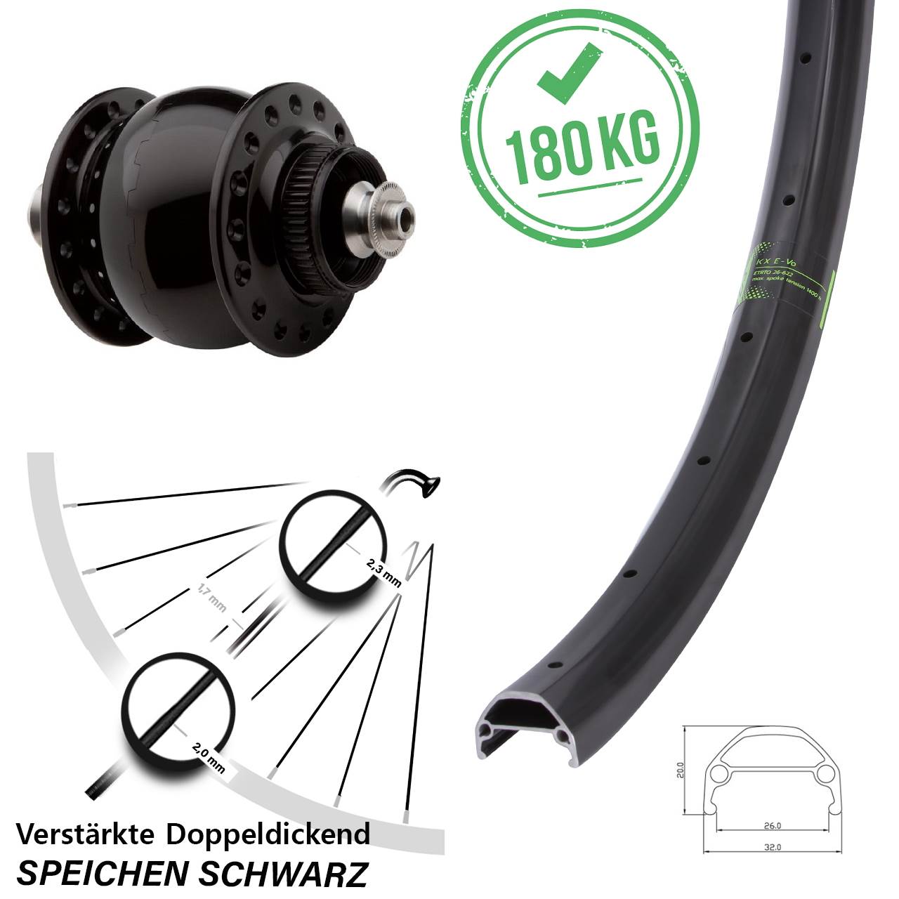 Disc Nabendynamovorderrad 26 Zoll KX Evo SON 28 QR