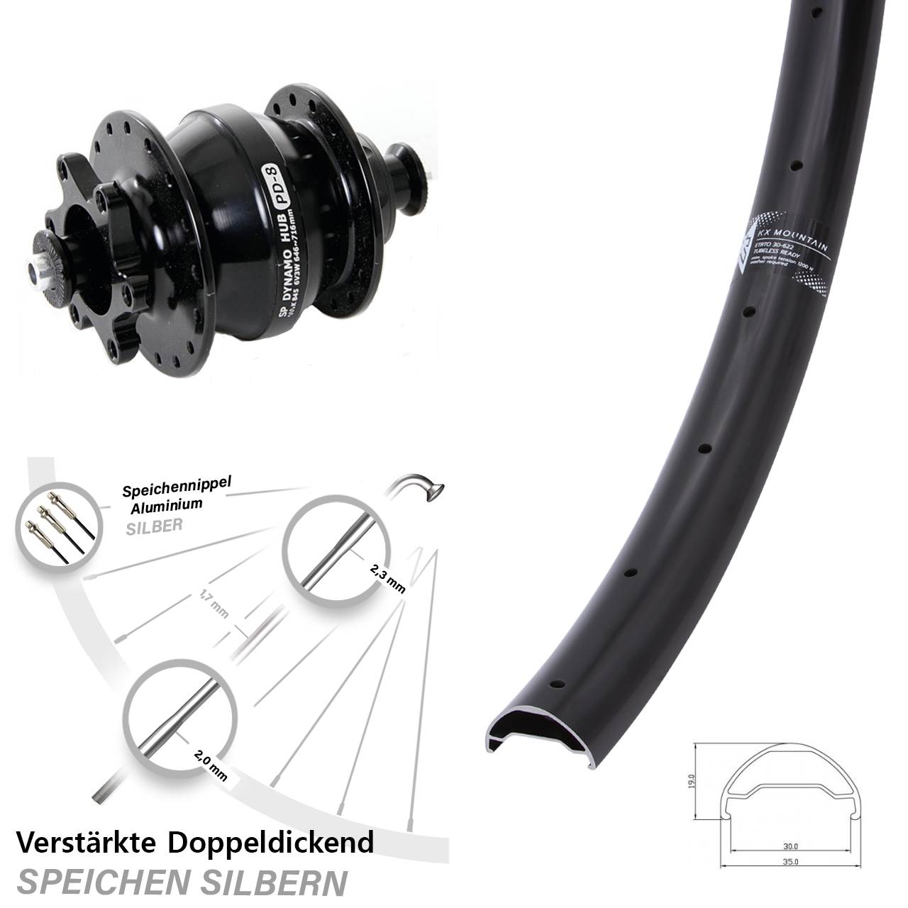 Nabendynamovorderrad 6-Loch QR 29 Zoll KX Mountain Shutter Precision PD-8