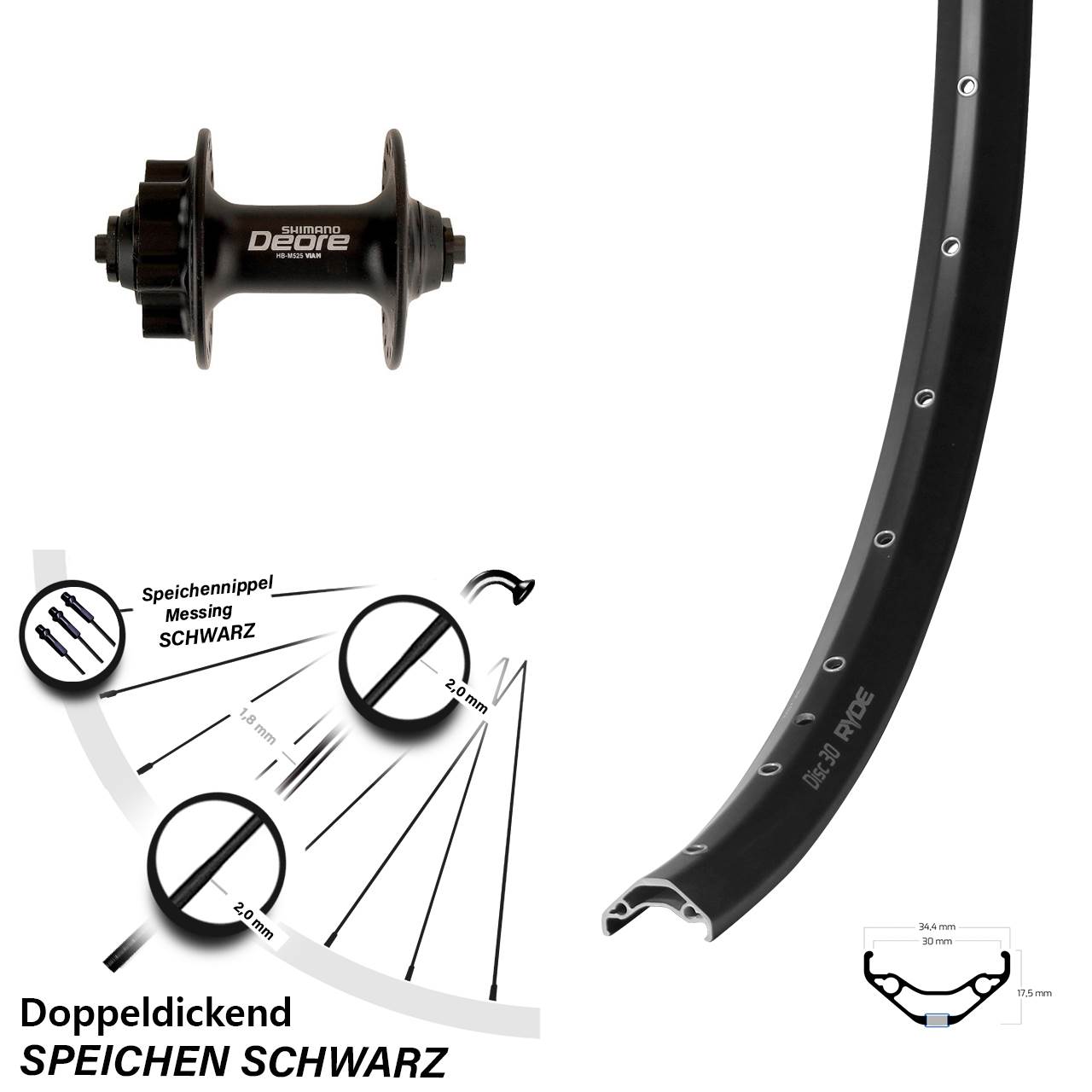 29 Zoll Ryde Disc 30 Shimano Deore HB-M525 6-Loch Vorderrad QR
