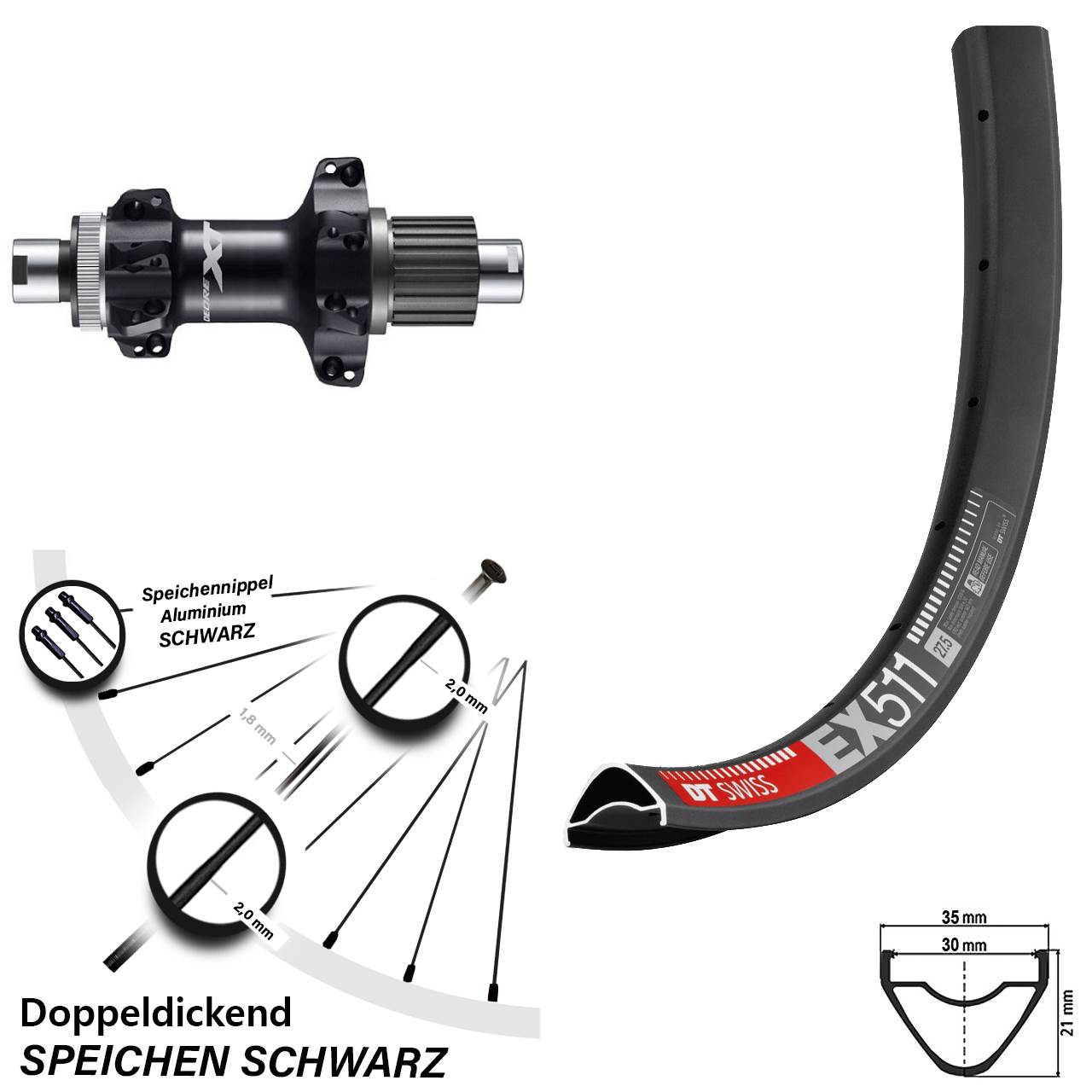 27,5 Zoll Hinterrad DT Swiss EX 511 Shimano Deore XT FH-M8110-BS Straightpull