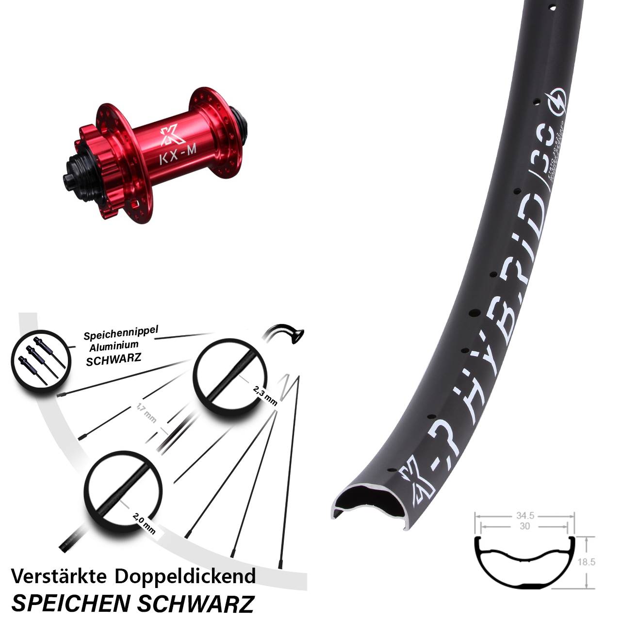 29 Zoll KX-R Hybrid 30 rot Vorderrad 6-Loch für Schnellspanner