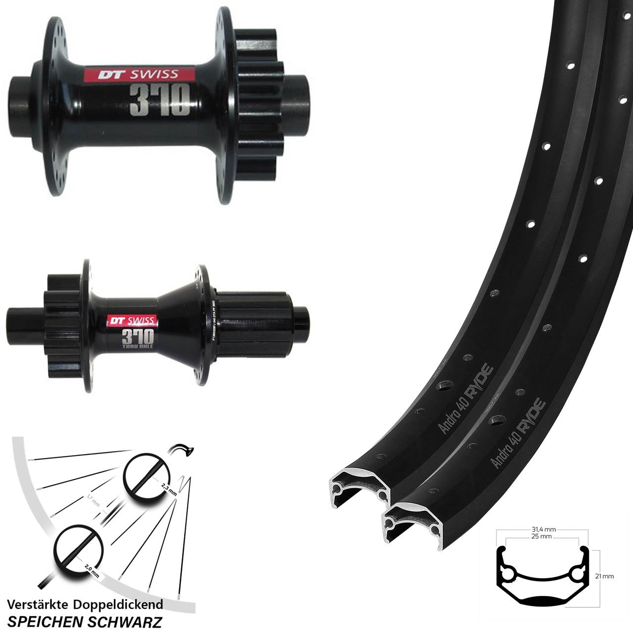 Ryde Andra 40 DT Swiss 370 26 Zoll 6-Loch Laufradsatz 15x100 12x142 8-11 fach