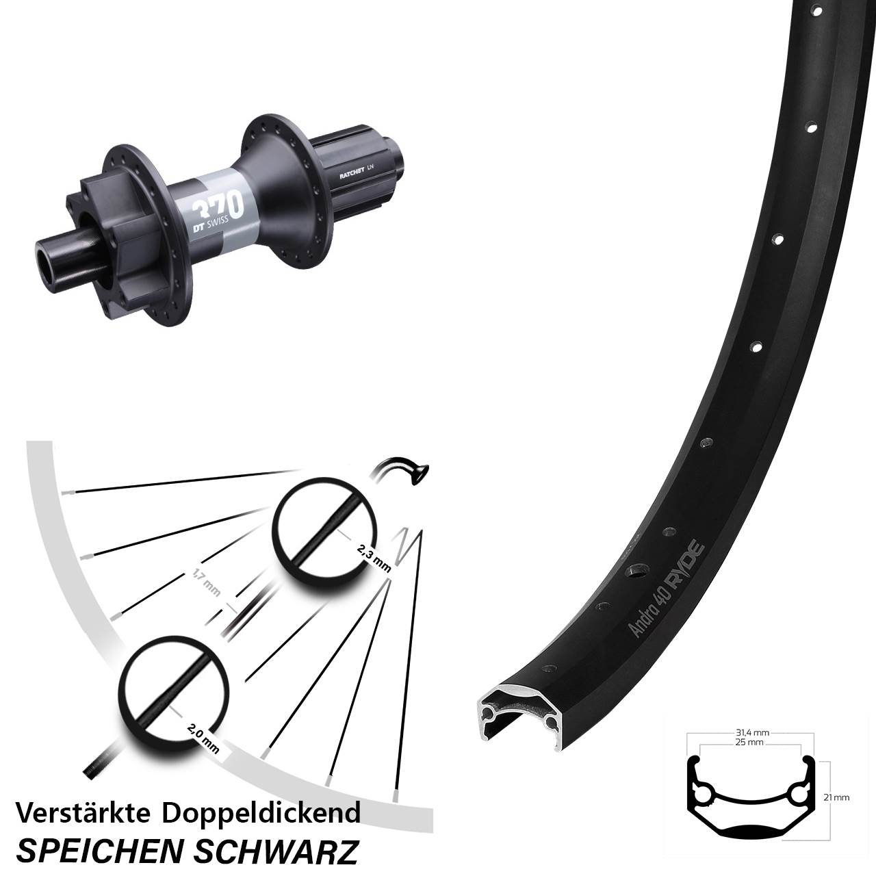 29 Zoll Ryde Andra 40 Disc DT Swiss 370 Hinterrad 6-Loch 12x148 8-11 fach
