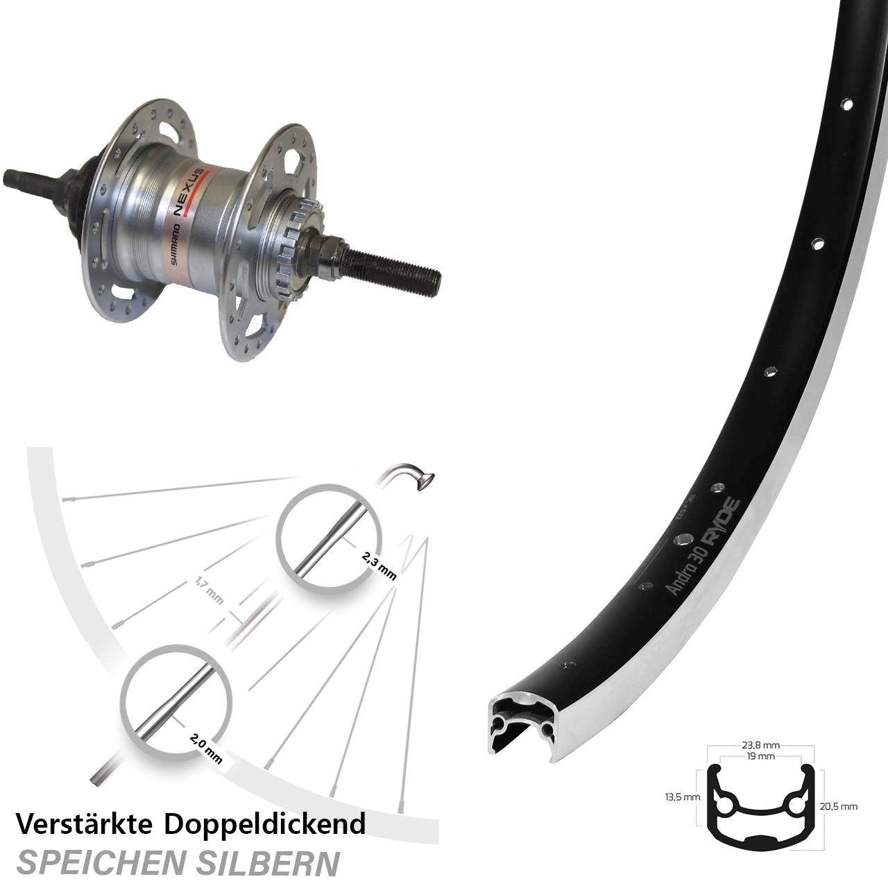 28 Zoll Hinterrad Ryde Andra 30 Shimano Nexus 3 Gang für Rollenbremse