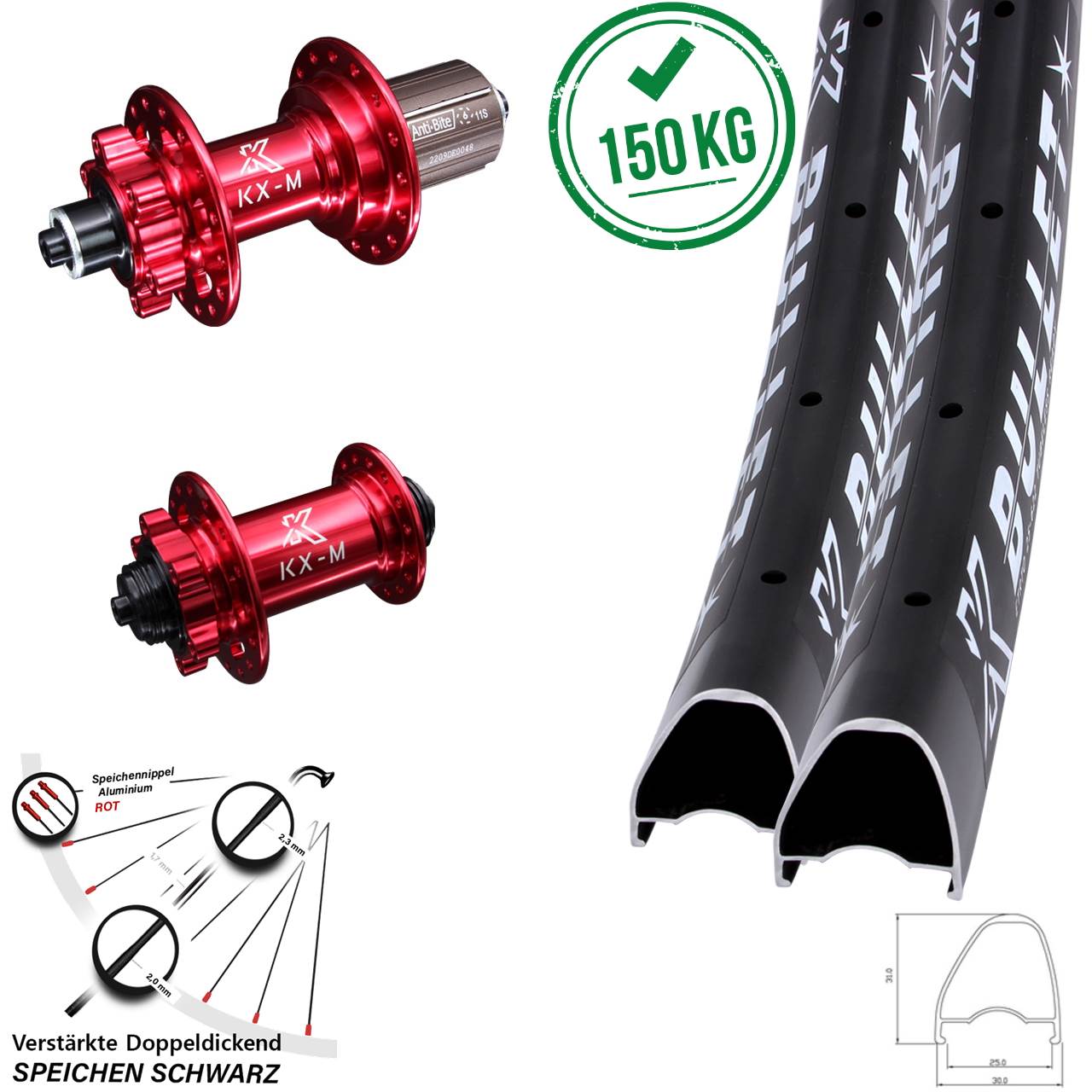 Laufradsatz 6-Loch QR 29 Zoll KX-M Bullet OS rot 8-12 fach