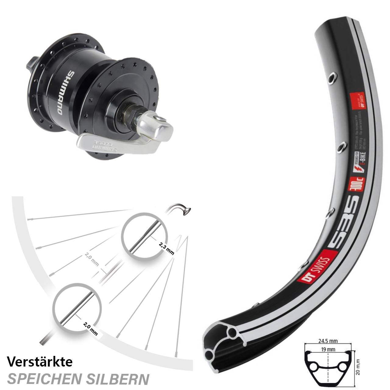 26 Zoll DT Swiss 535 Shimano DH3N72 Vorderrad mit Nabendynamo für Schnellspanner