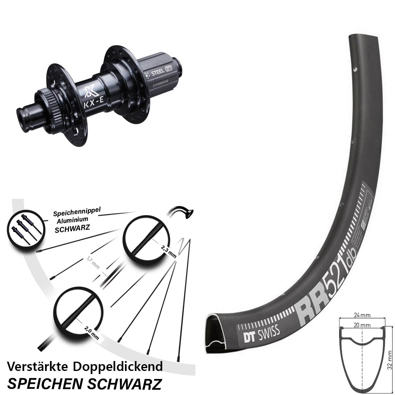 DT Swiss RR 521 KX-E verstärkt 28 Zoll Hinterrad Centerlock 12x142 8-12 fach