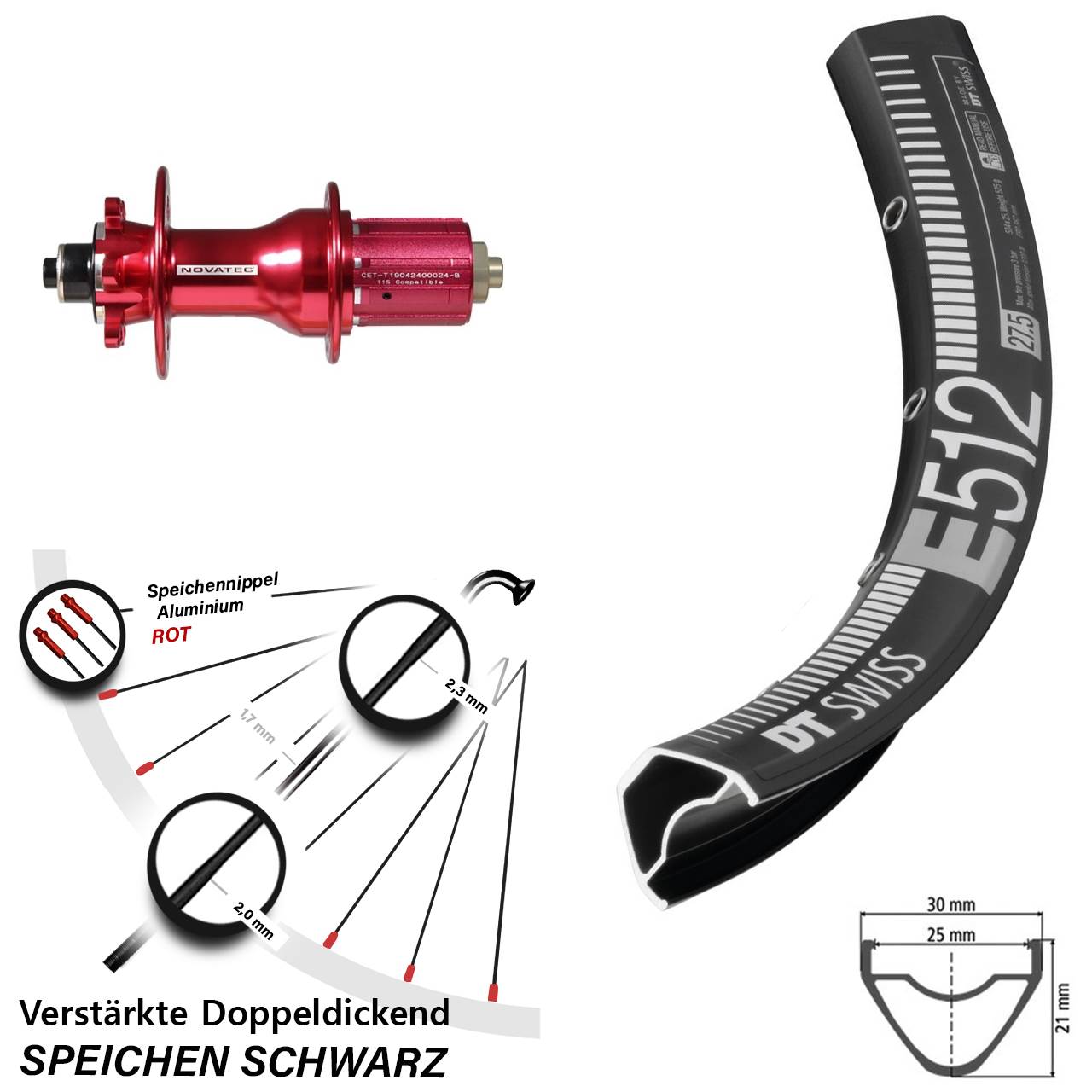 650B DT Swiss E512 Novatec D792 Disc 6-Loch QR Hinterrad 8-12 fach HG