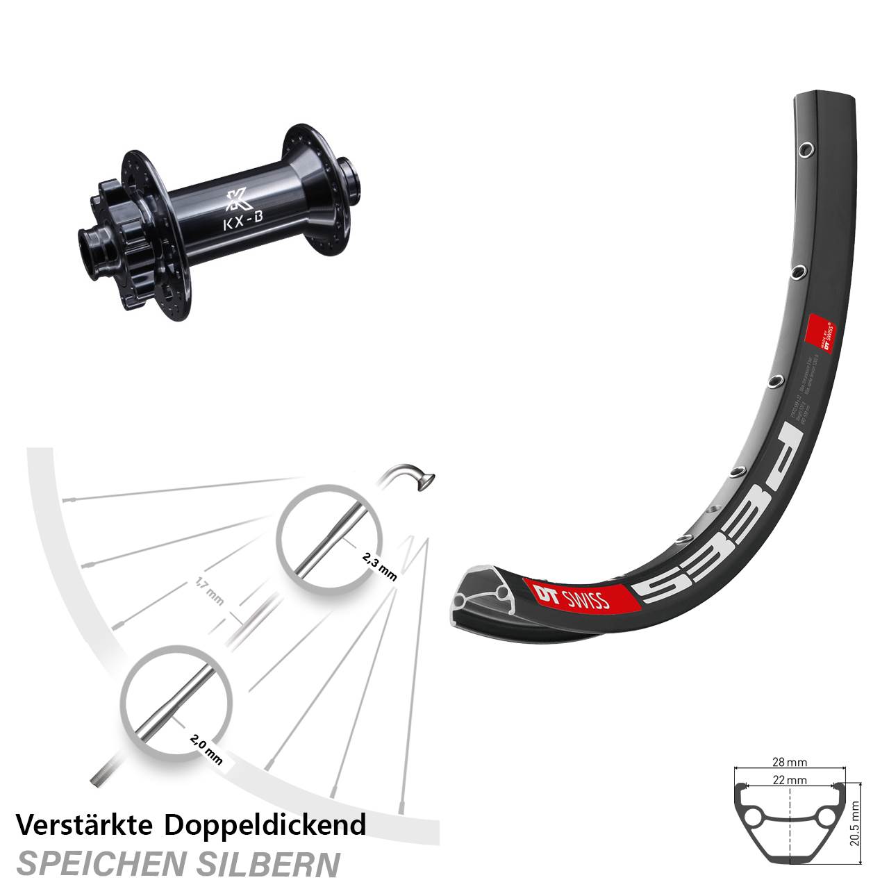 Vorderrad 6-Loch 28 Zoll DT Swiss 533 D KX-B 15x110 Boost
