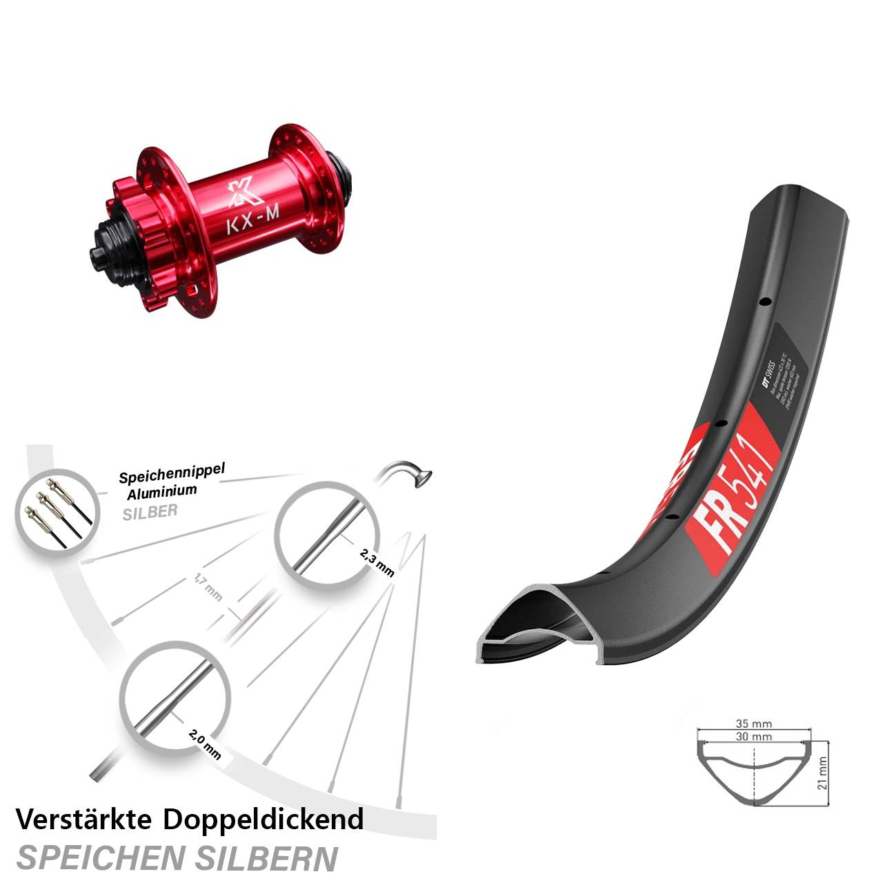 Vorderrad 6-Loch 29 Zoll DT Swiss FR 541 KX-M rot QR