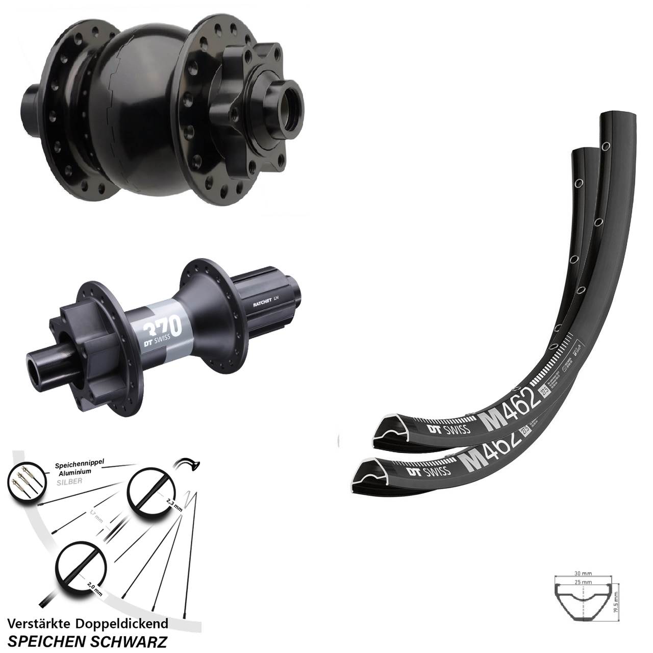 29 Zoll DT Swiss M462-370 SON 28 Disc Laufrad-Satz 15x110 12x148 8-11 fach HG