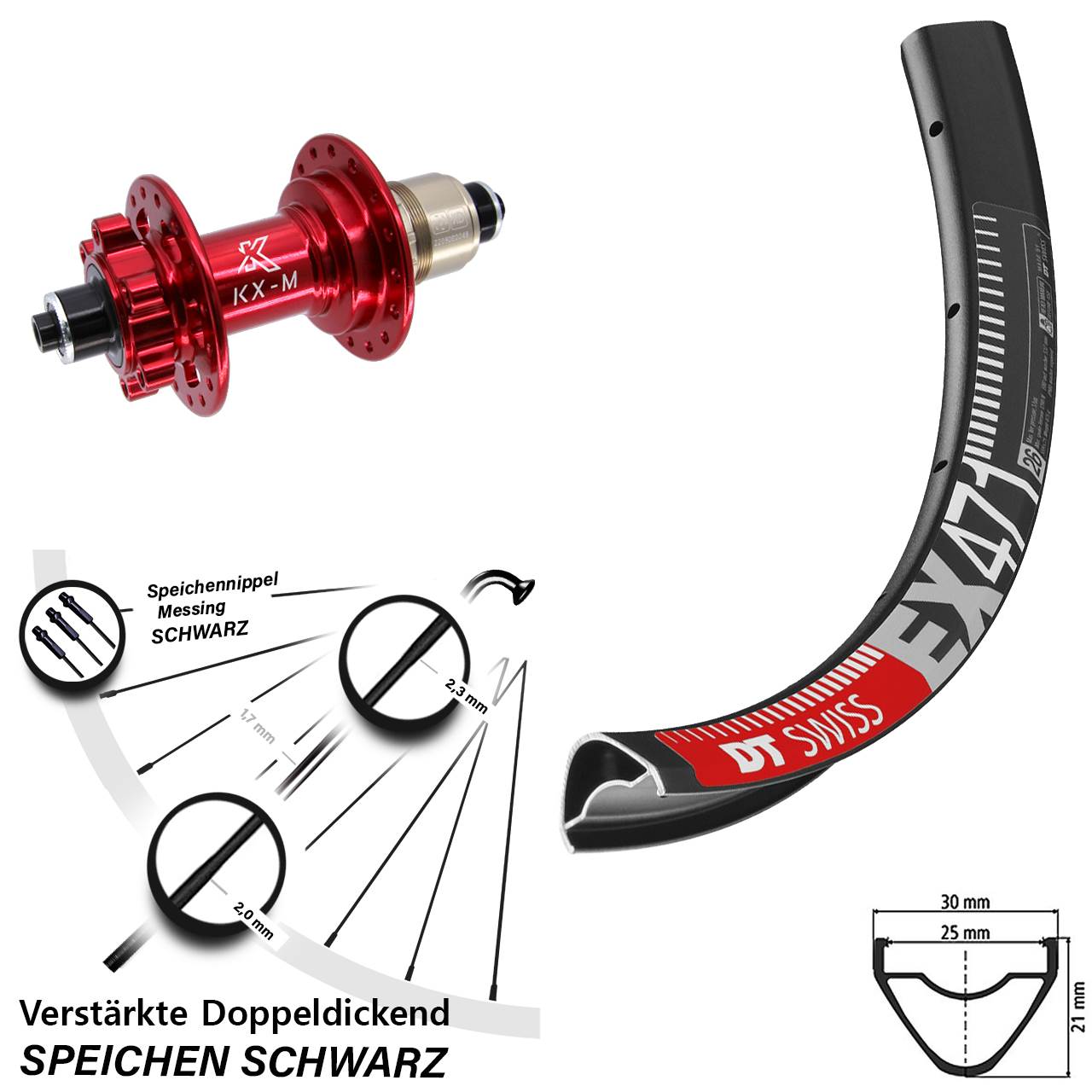 6-Loch Hinterrad für Schnellspanner 26 Zoll DT Swiss EX 471 KX-M rot XD