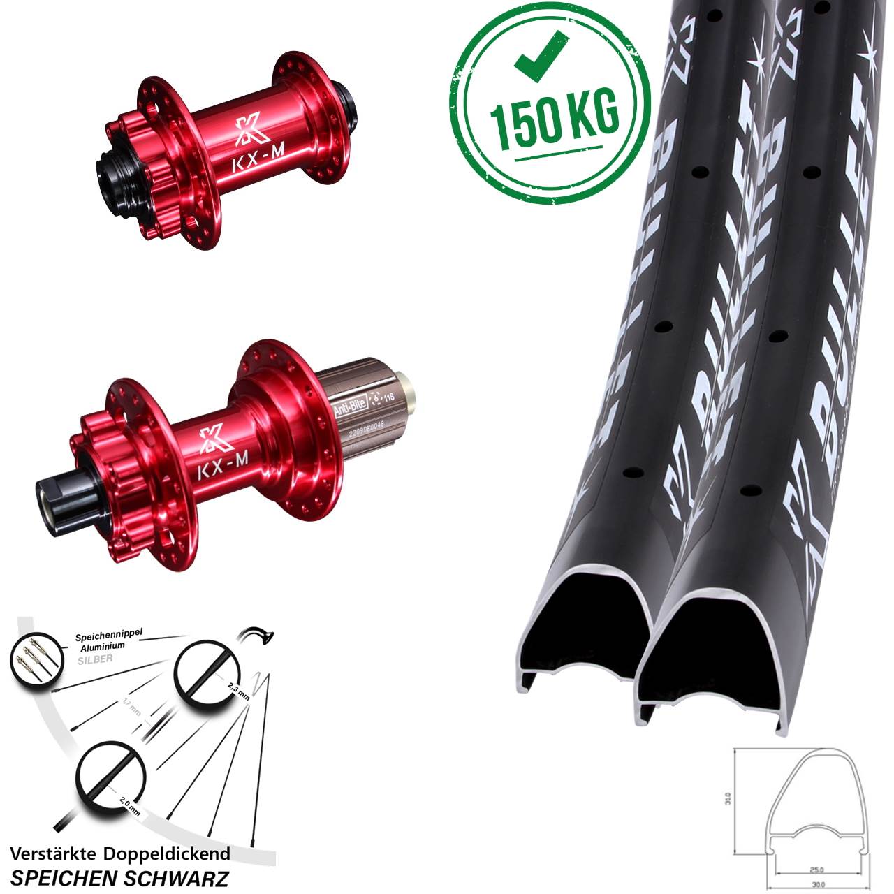 Laufradsatz 6-Loch 12x100/142 28-29 Zoll KX-M Bullet OS rot 8-12 fach