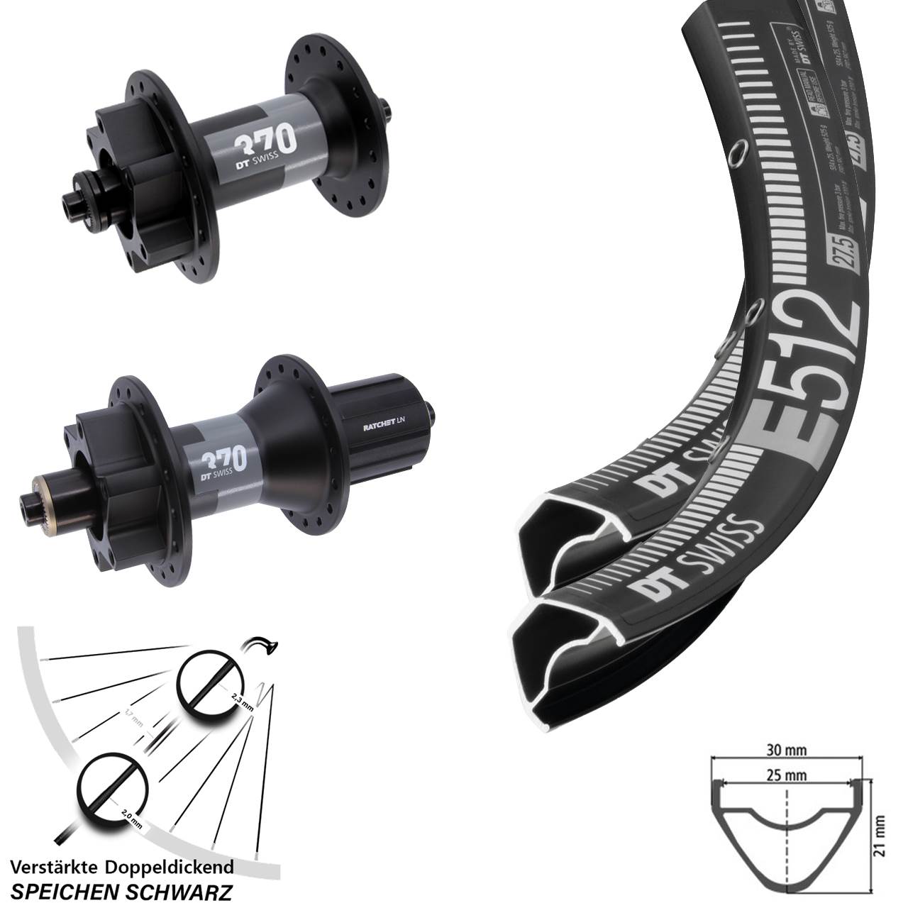 6-Loch Laufradsatz QR 27,5 Zoll DT Swiss E512-370 8-11 fach HG