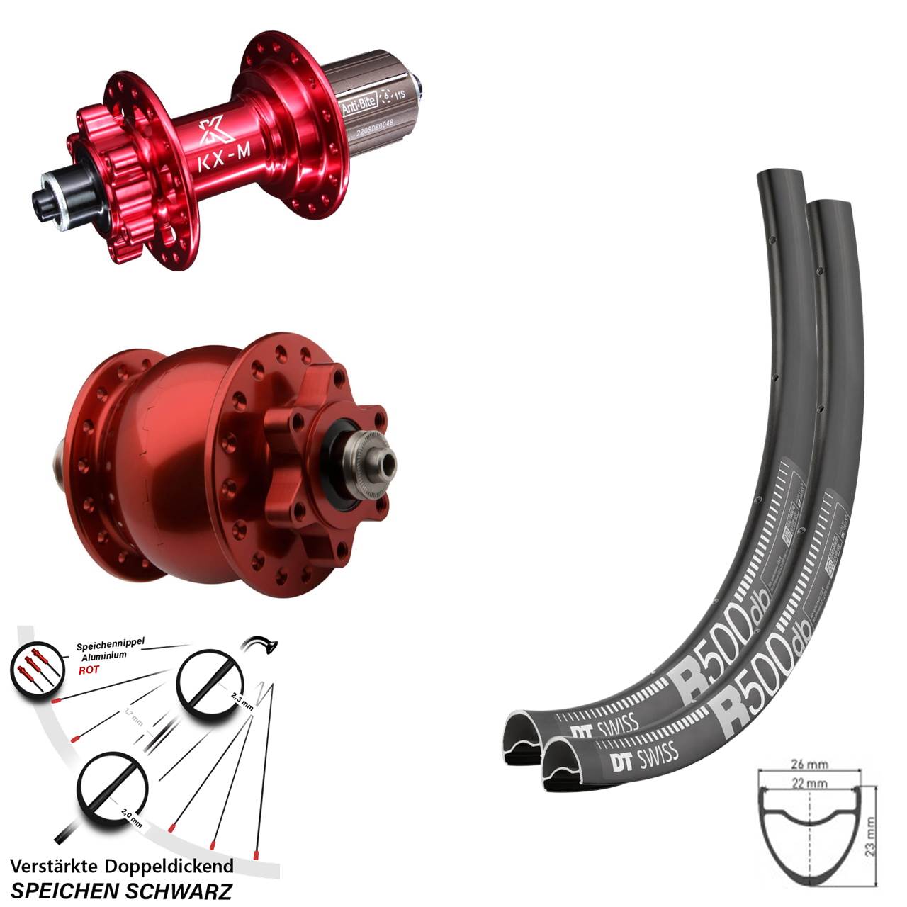 DT Swiss R500 KX-M rot Disc 6-Loch SON 28 Zoll Laufradsatz für Schnellspanner 8-12 fach