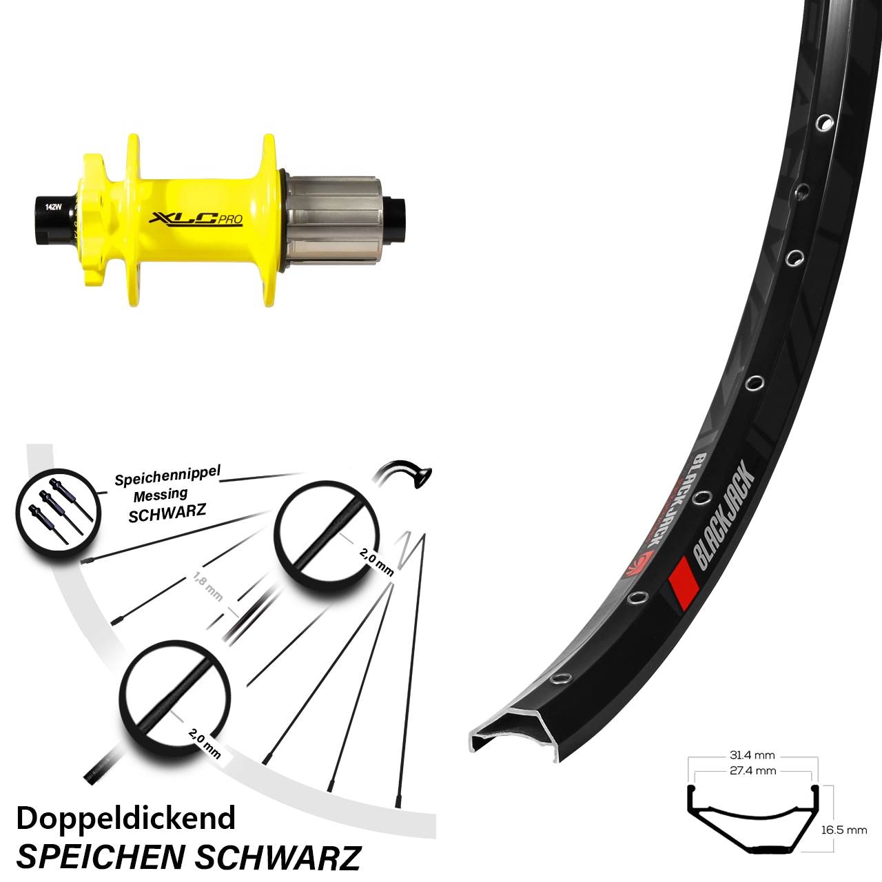 27,5 Zoll Hinteres Rad Rodi Ready 27 Steckachse 12x142 mm XLC Pro gelb 6-loch 8-11 fach