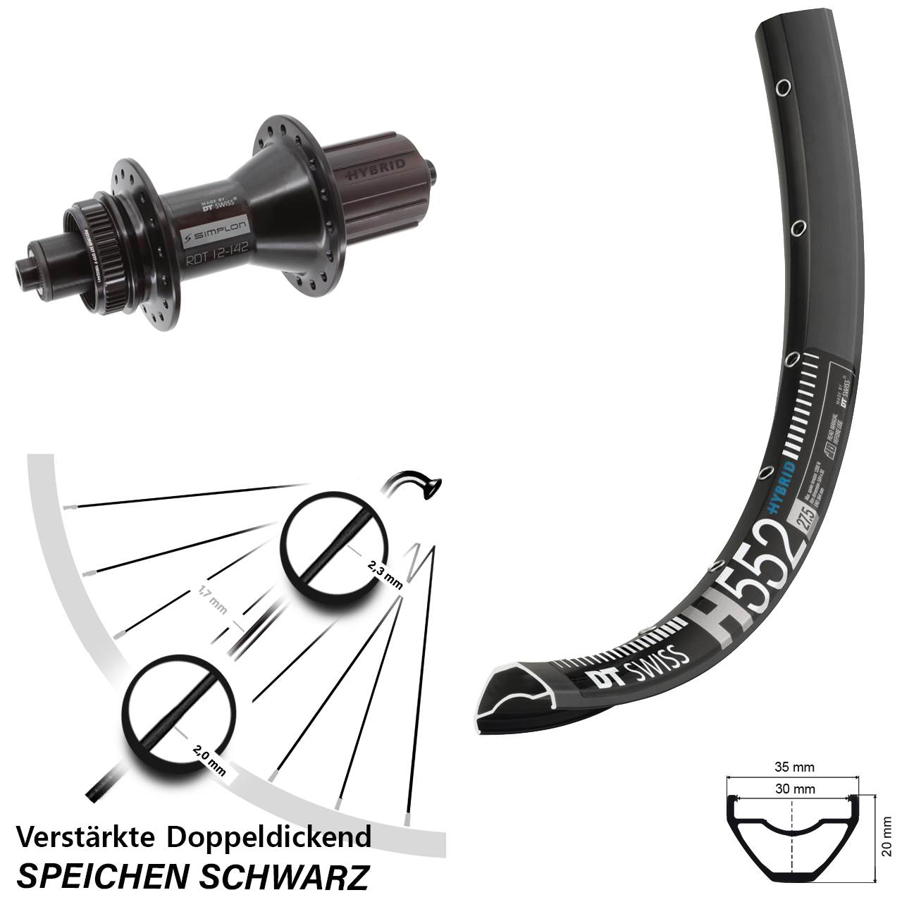 27,5 Zoll DT Swiss H 552-370 Hybrid Hinterrad Centerlock für Schnellspanner 8-11 fach