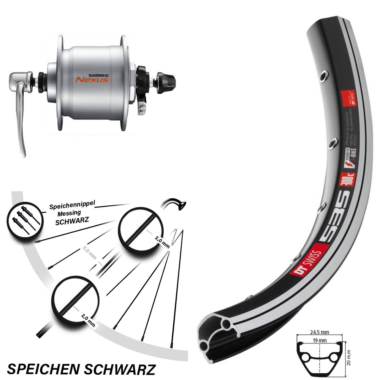 Vorderrad DT Swiss 535 28 Zoll mit Shimano Nabendynamo