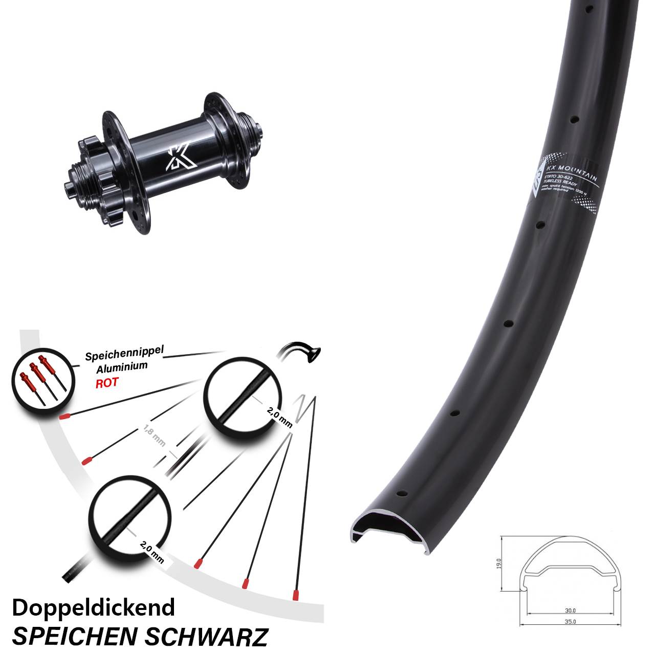 Leichtes breites Vorderrad 29 Zoll KX-Mountain TR 5x100 6-loch