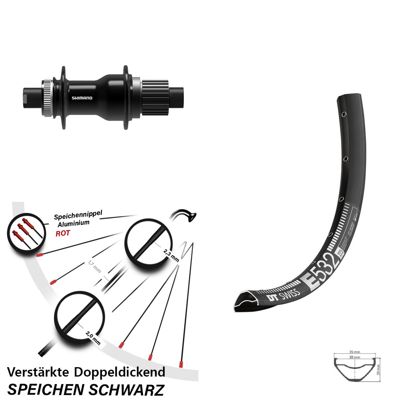 27,5 Zoll DT Swiss E532 Shimano FH-MT500-B Boost Disc Laufrad 12x148 Micro Spline