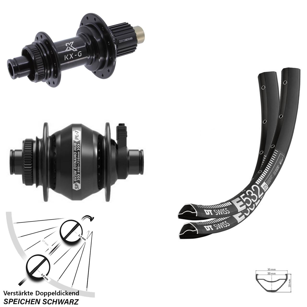 27,5 Zoll DT Swiss E532 KX-G Steckachse SP PL-7 Laufradsatz Disc 12x100/142 Micro Spline