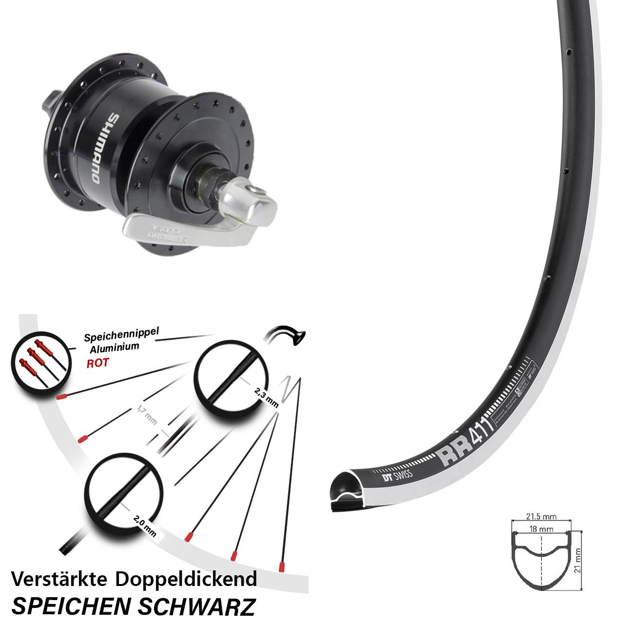 Nabendynamolaufrad QR 28 Zoll DT Swiss RR 411 Shimano DH-3N72