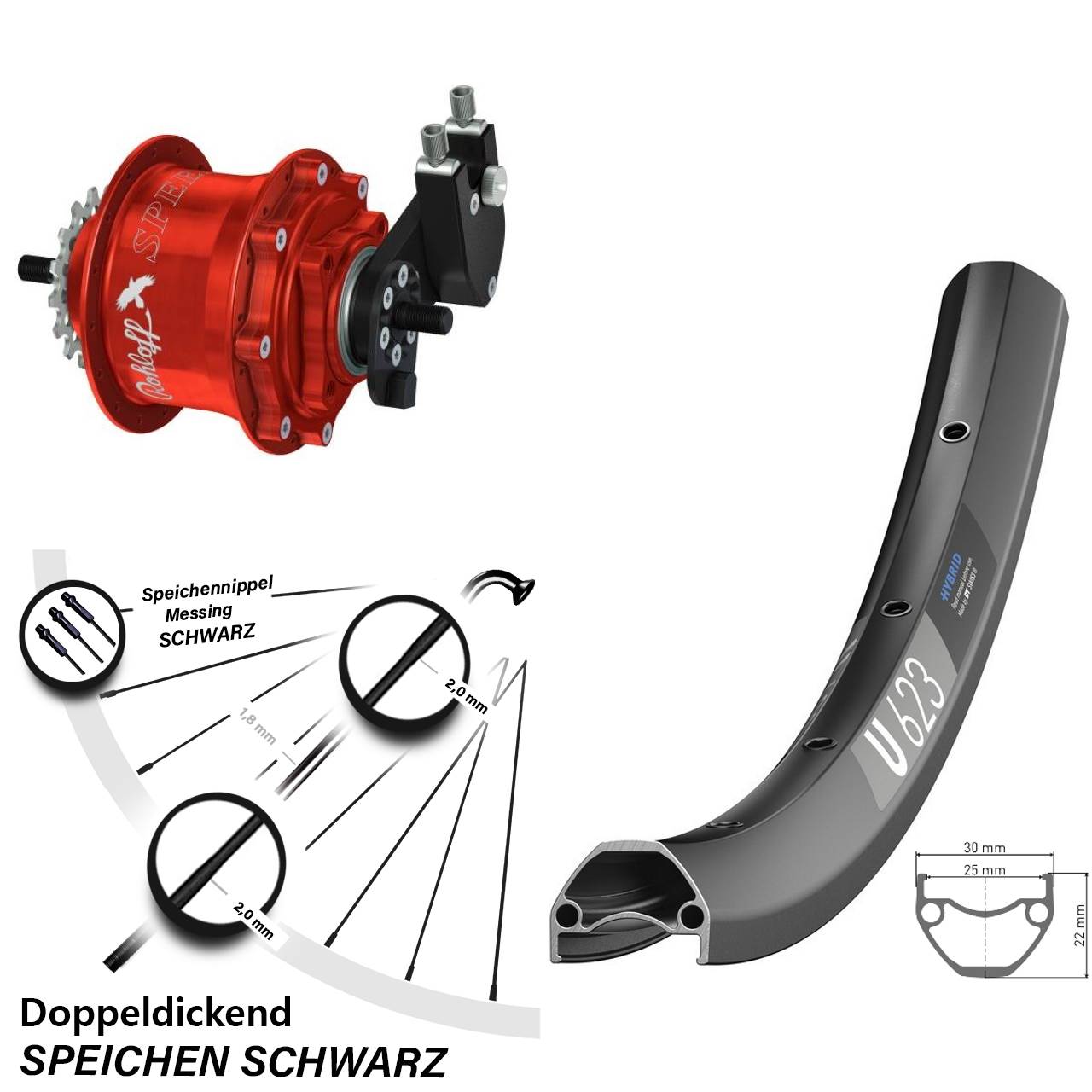 28-29 Zoll DT Swiss U623 Rohloff Speedhub 500/14 TS DB OEM rot
