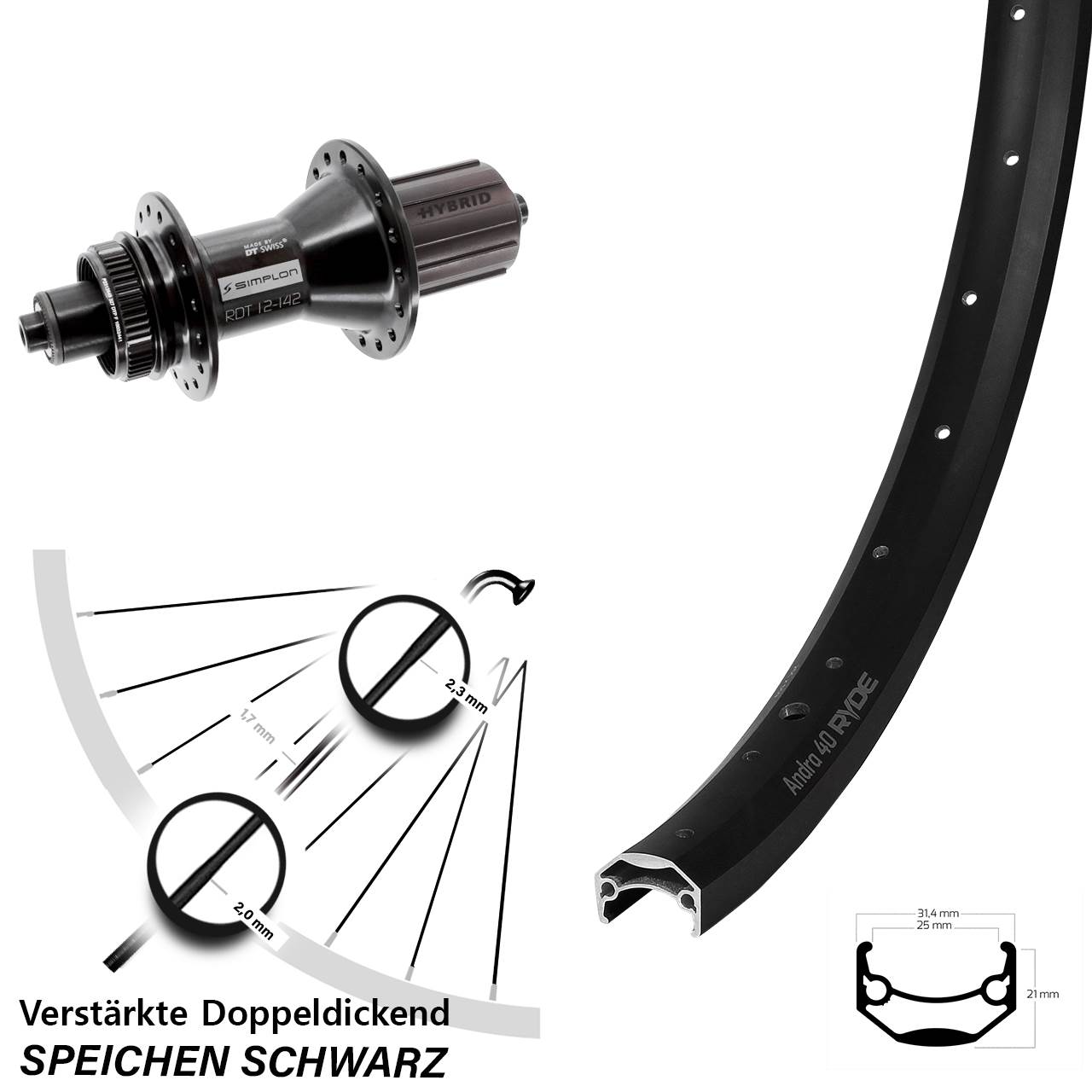 26 Zoll Ryde Andra 40 DT Swiss 370 Hybrid Disc Laufrad für Schnellspanner 8-11 fach