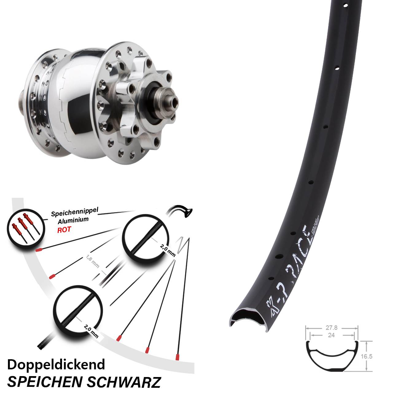 29 Zoll KX-R Race Vorderrad leicht Nabendynamo SON 28 silbern poliert 6-Loch