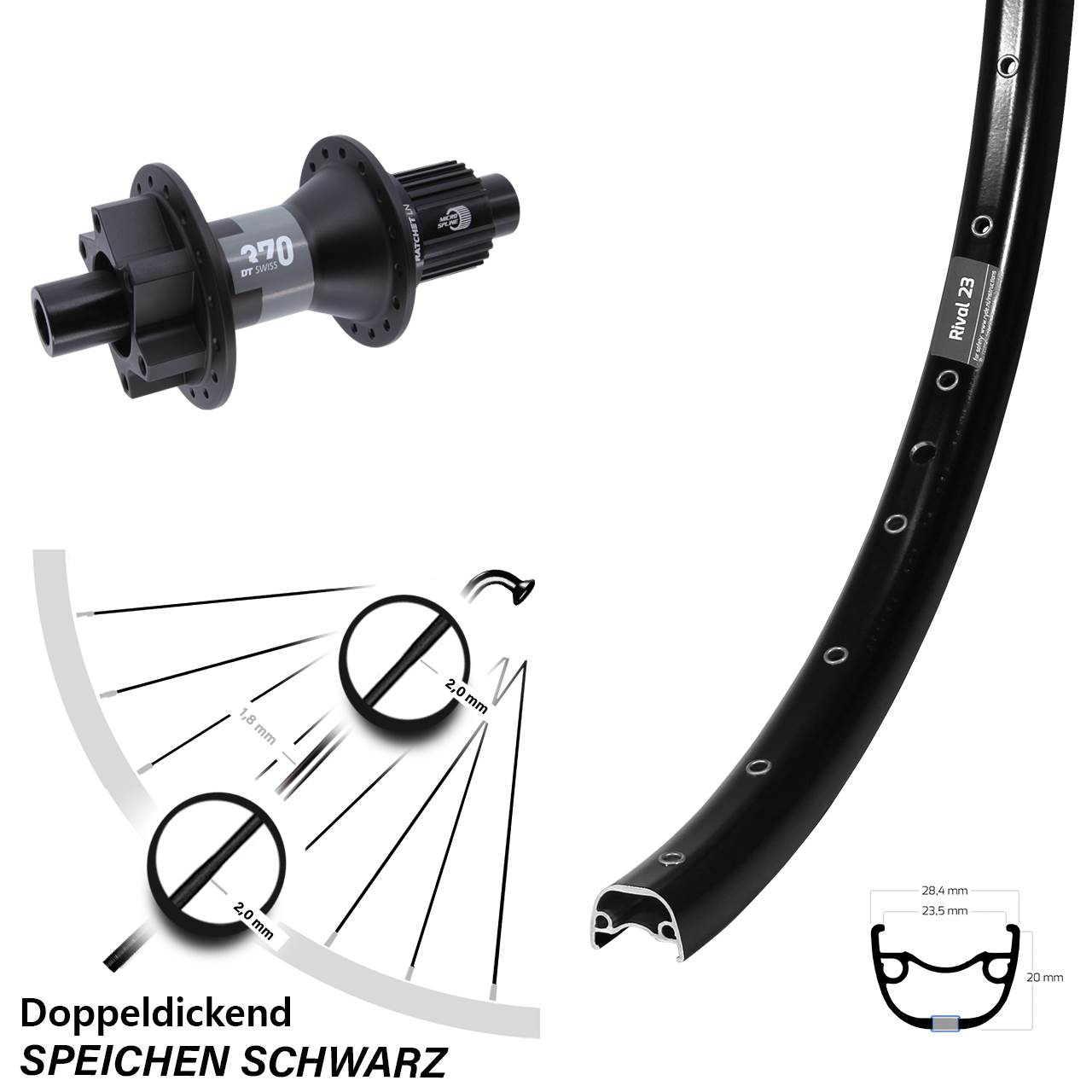27,5 Zoll Ryde Rival 23 DT Swiss 370 Hinterrad 6-Loch 12x142 Shimano Micro Spline