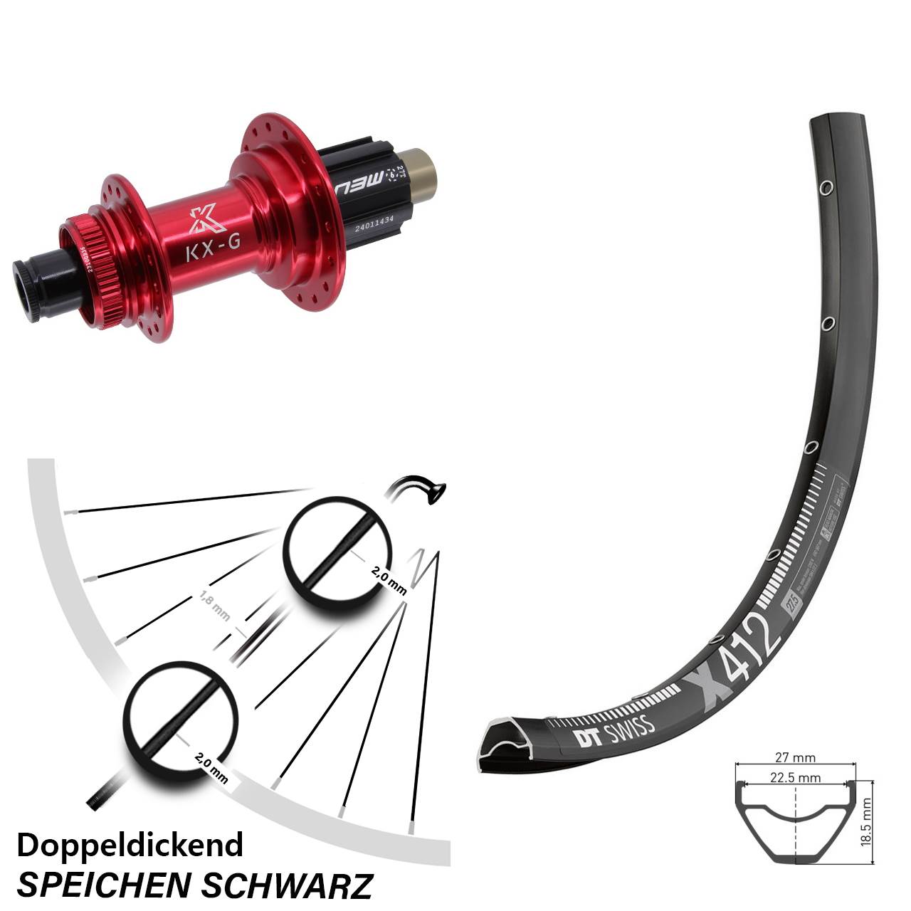 Hinterrad 28 Zoll DT Swiss X 412 KX-G rot N3W 12x142