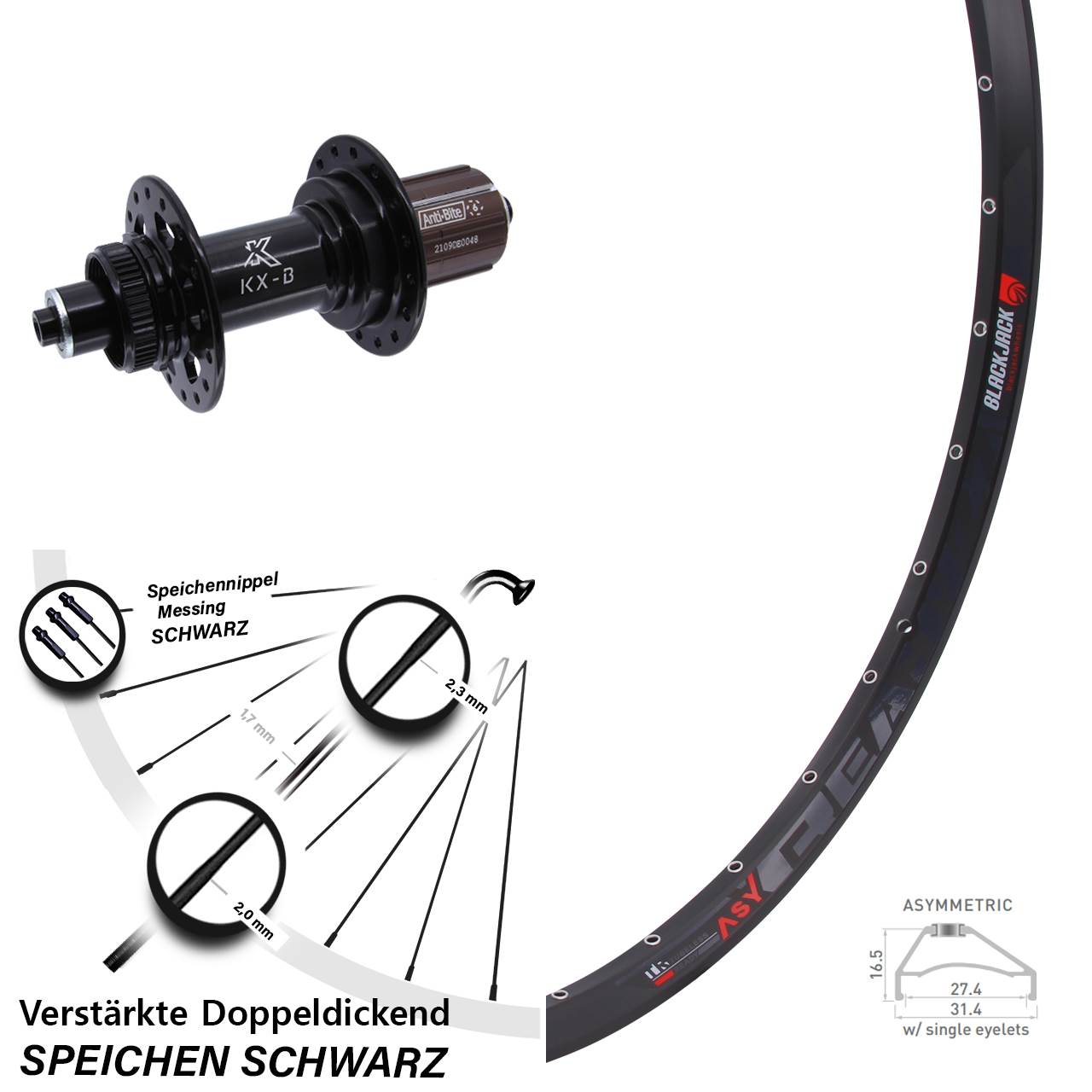 27,5 Zoll Rodi Ready 27 KX-B Disc Laufrad für Schnellspanner Boost 8-12 fach HG