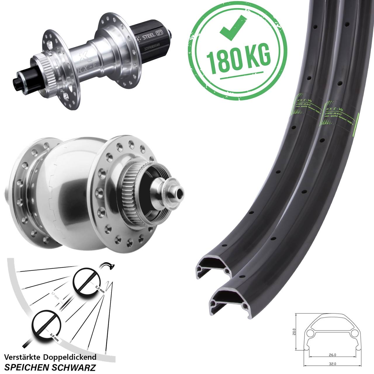 20/26 Zoll KX-Evo verstärkt SON 28 Disc Laufradsatz QR 8-12 fach