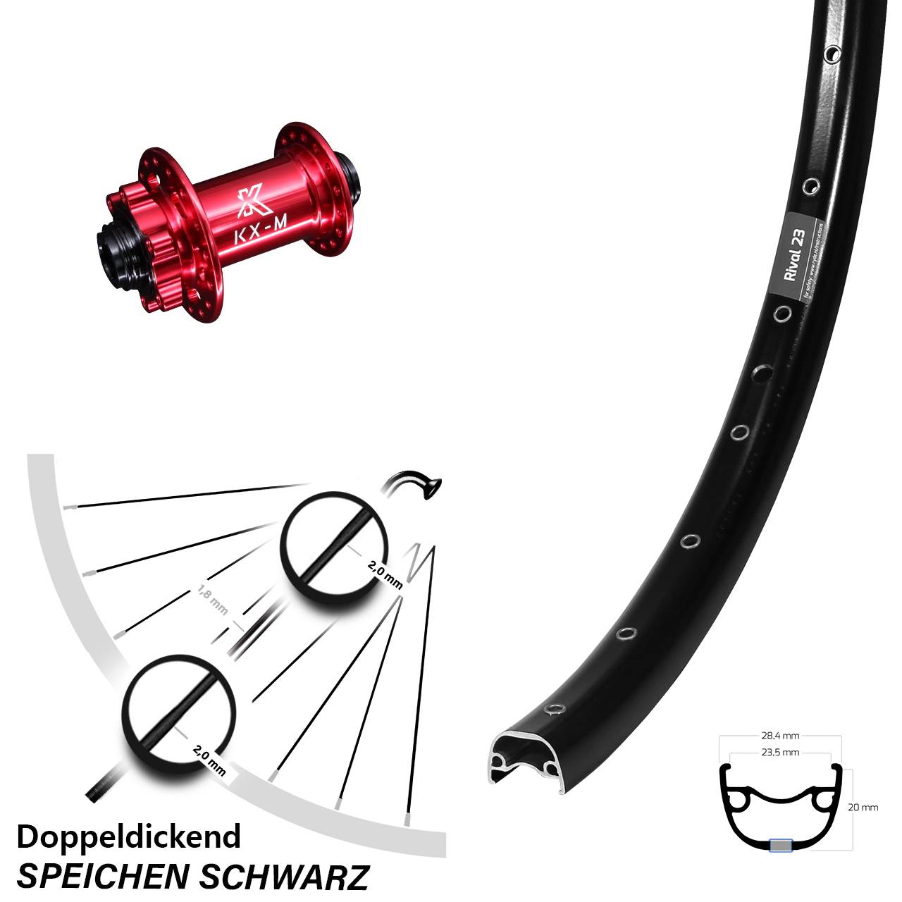 Disc Laufrad 15x100 27,5 Zoll Ryde Rival 23 KX-M rot
