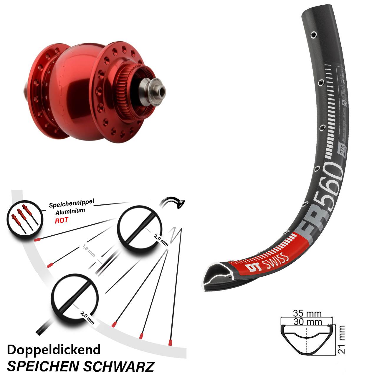 26 Zoll DT Swiss FR560 SONdelux rot Disc Nabendynamovorderrad QR