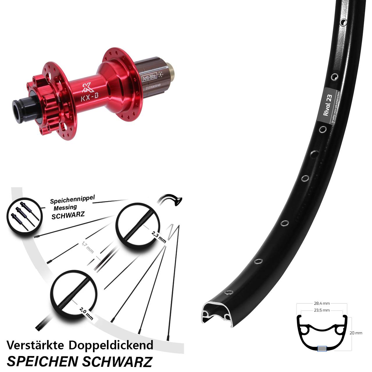 Hinterrad 6-Loch 12x148 27,5 Zoll Ryde Rival 23 KX-B rot 8-12 fach