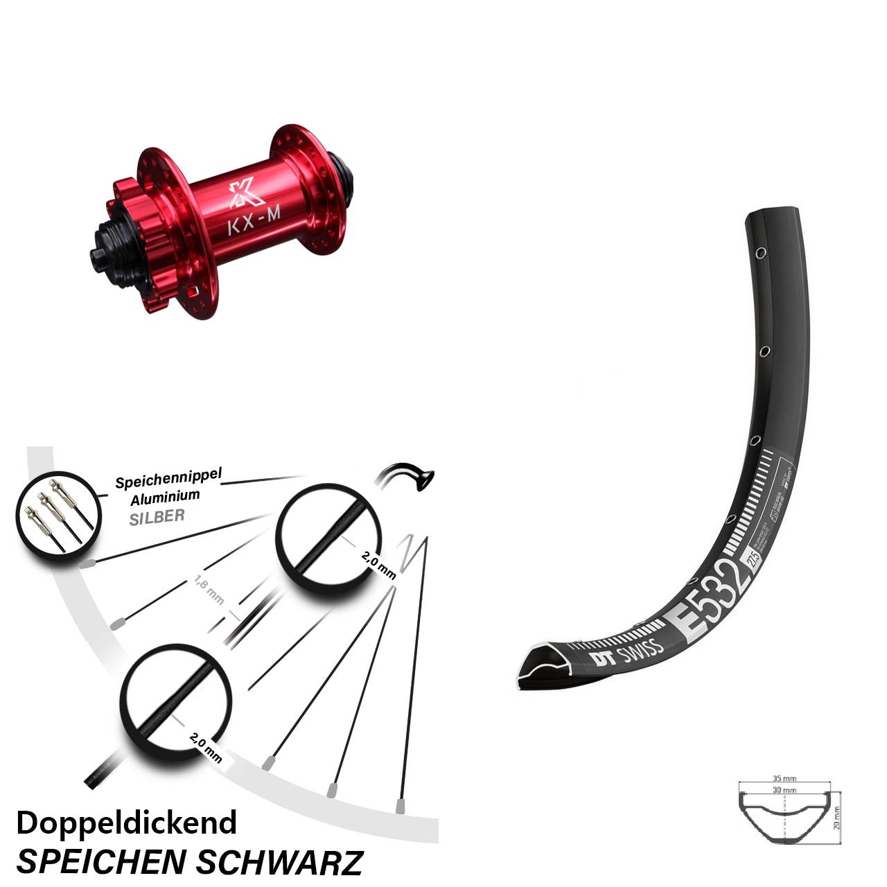 KX-M Nabe rot-eloxiert 5x100 mm DT Swiss E 532 Vorderrad 29 Zoll für 6-Loch
